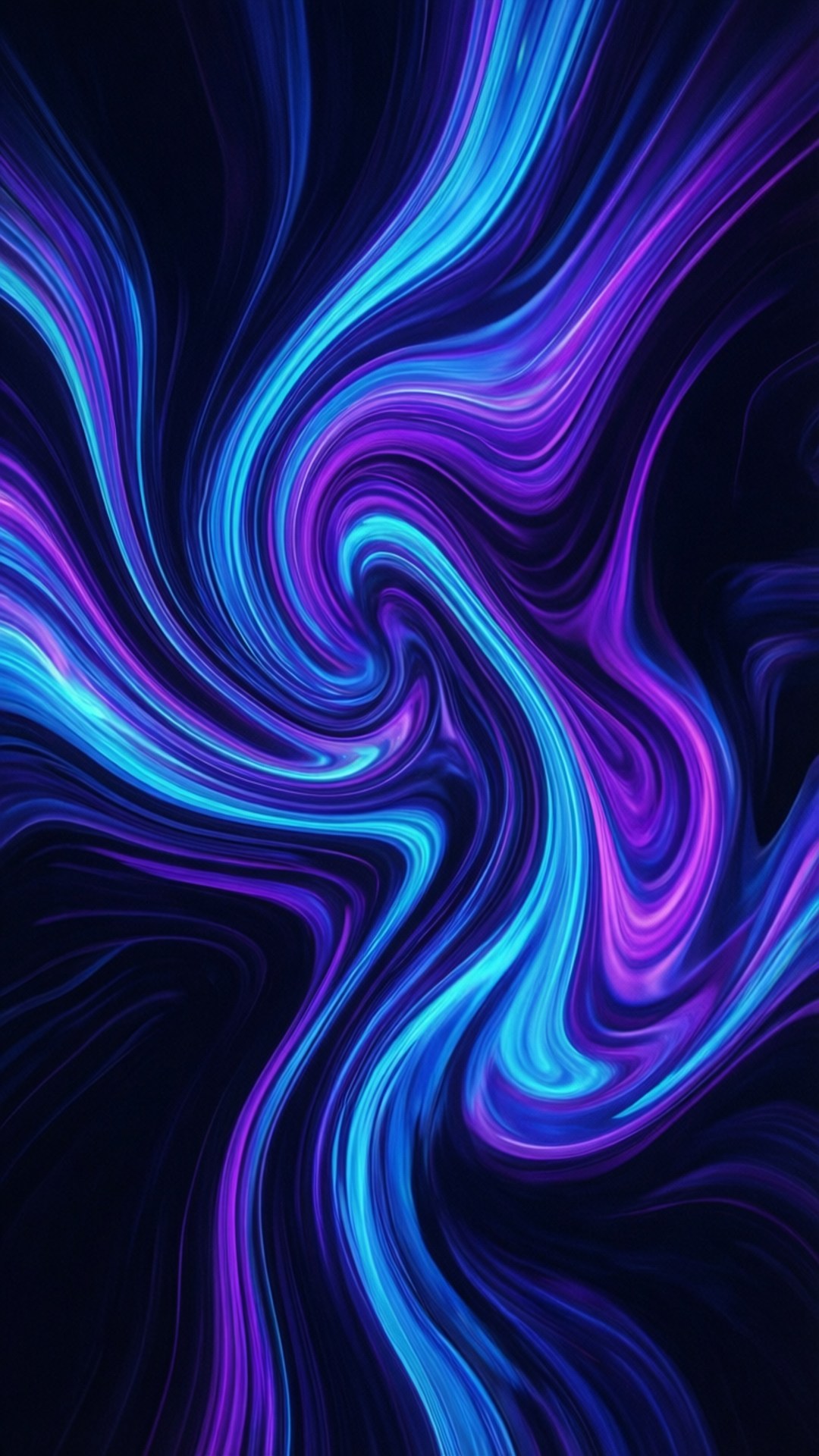 在深色背景上，霓虹藍色和紫色液體的動態漩渦