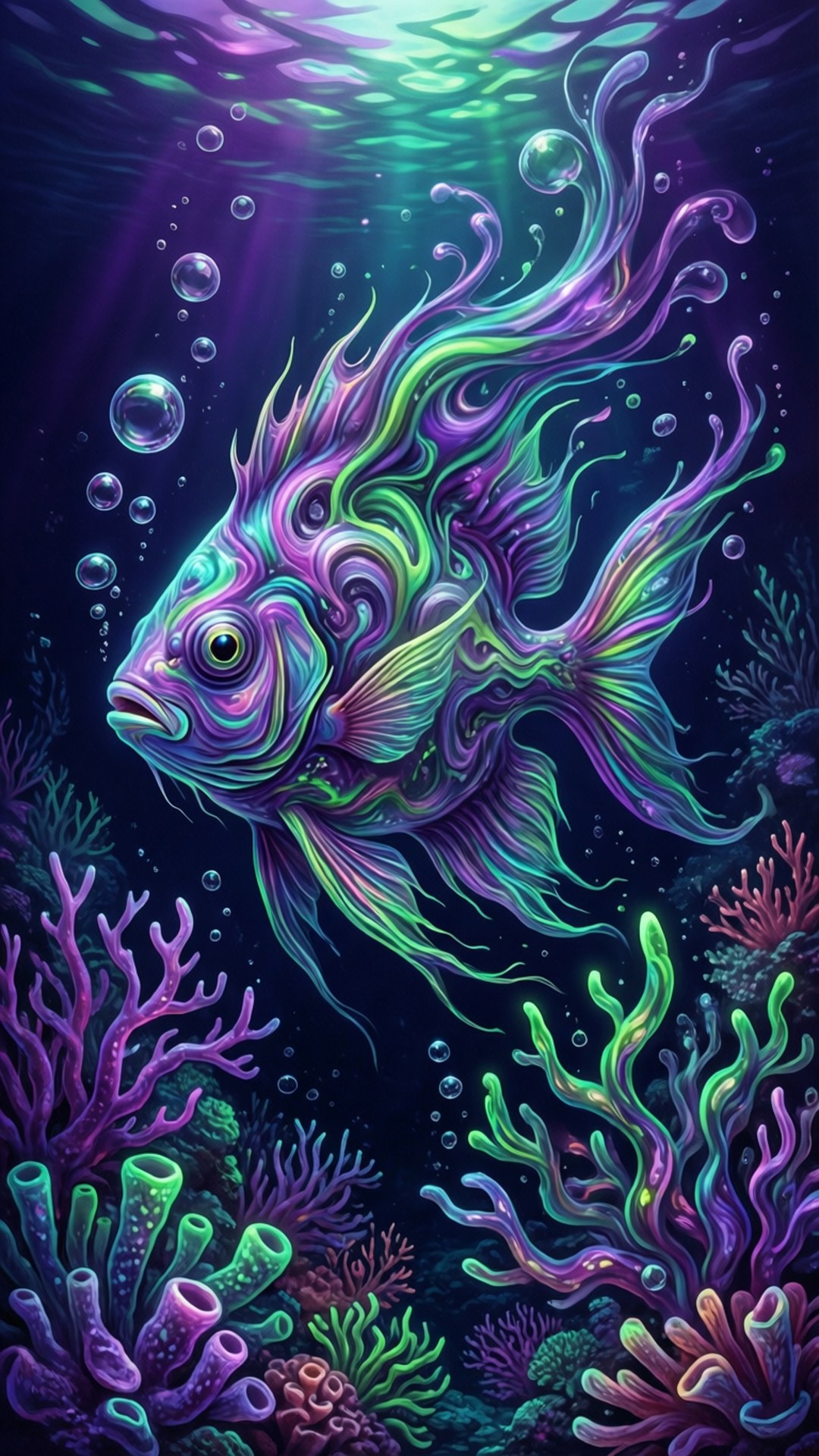 鮮豔的霓虹魚在發光的珊瑚礁中滑行，陽光穿透黑暗的海水。