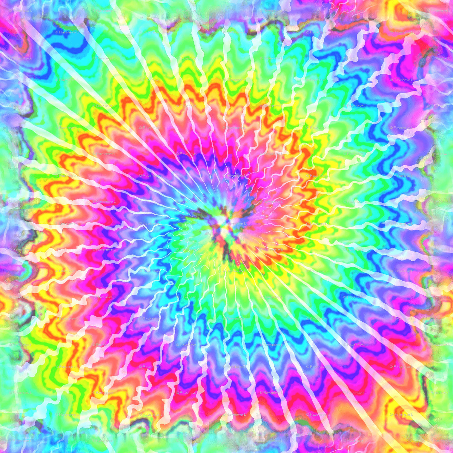 霓虹漸層彩虹背景 壁紙 — 充滿活力的迷幻螺旋從中心輻射，帶有波浪般的彩虹色調和白色條紋，營造出催眠般的視覺效果。
