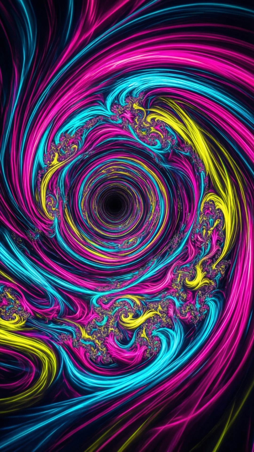 霓虹無限隧道 壁紙 — 粉紅、青色和黃色的鮮豔霓虹漩渦在深色背景上形成催眠般的分形渦流。