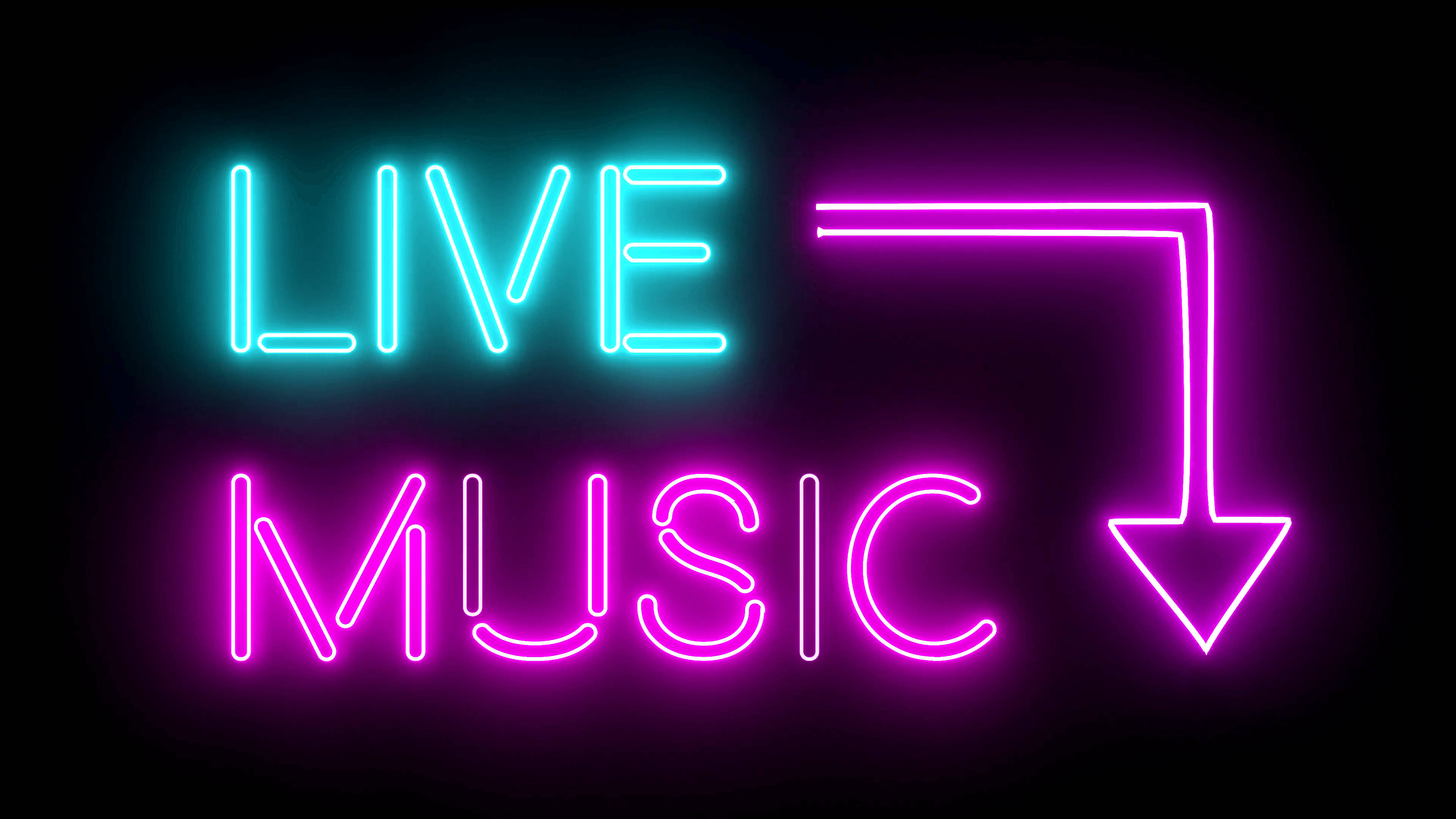 霓虹燈 Live Music 壁紙 — 鮮豔的霓虹燈牌，在深色背景上發出青色和洋紅色的文字，顯示現場音樂並帶有向下箭頭。
