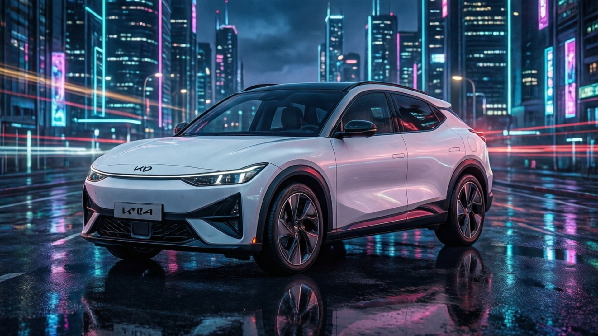 白色Kia EV6 SUV在夜晚霓虹燈下停在潮濕的街道上