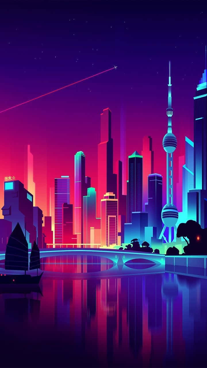 霓虹燈下的城市景觀與小船 壁紙