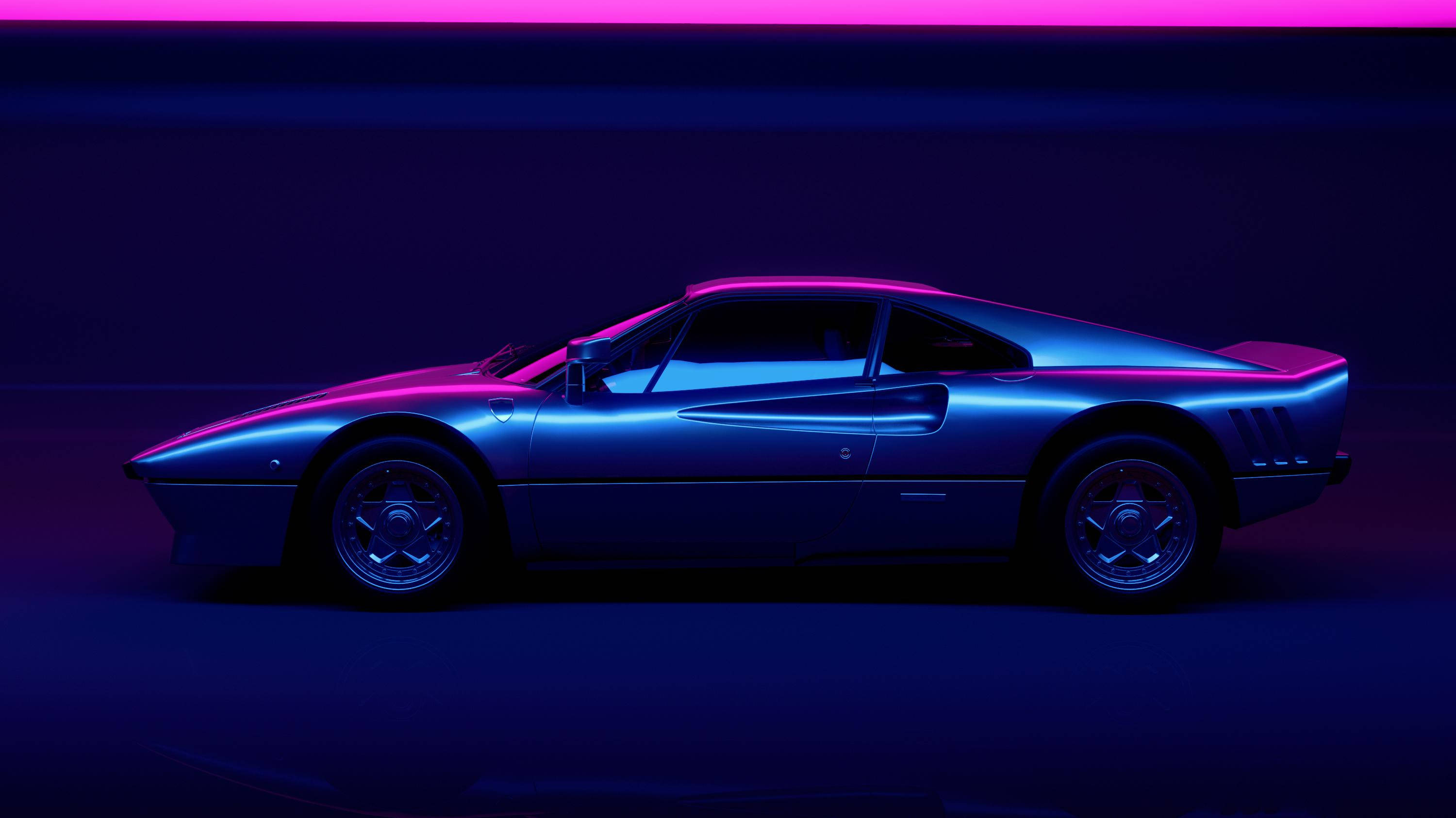 霓虹燈下的汽車 壁紙 — 一輛時尚的藍色跑車在黑暗的攝影棚中，在充滿活力的粉紅色和藍色霓虹燈下閃耀。