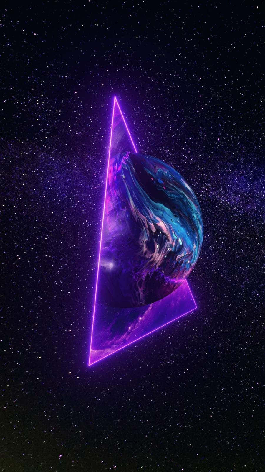 一個發光的紫色三角形在星空宇宙場景中包圍一個旋轉的行星。