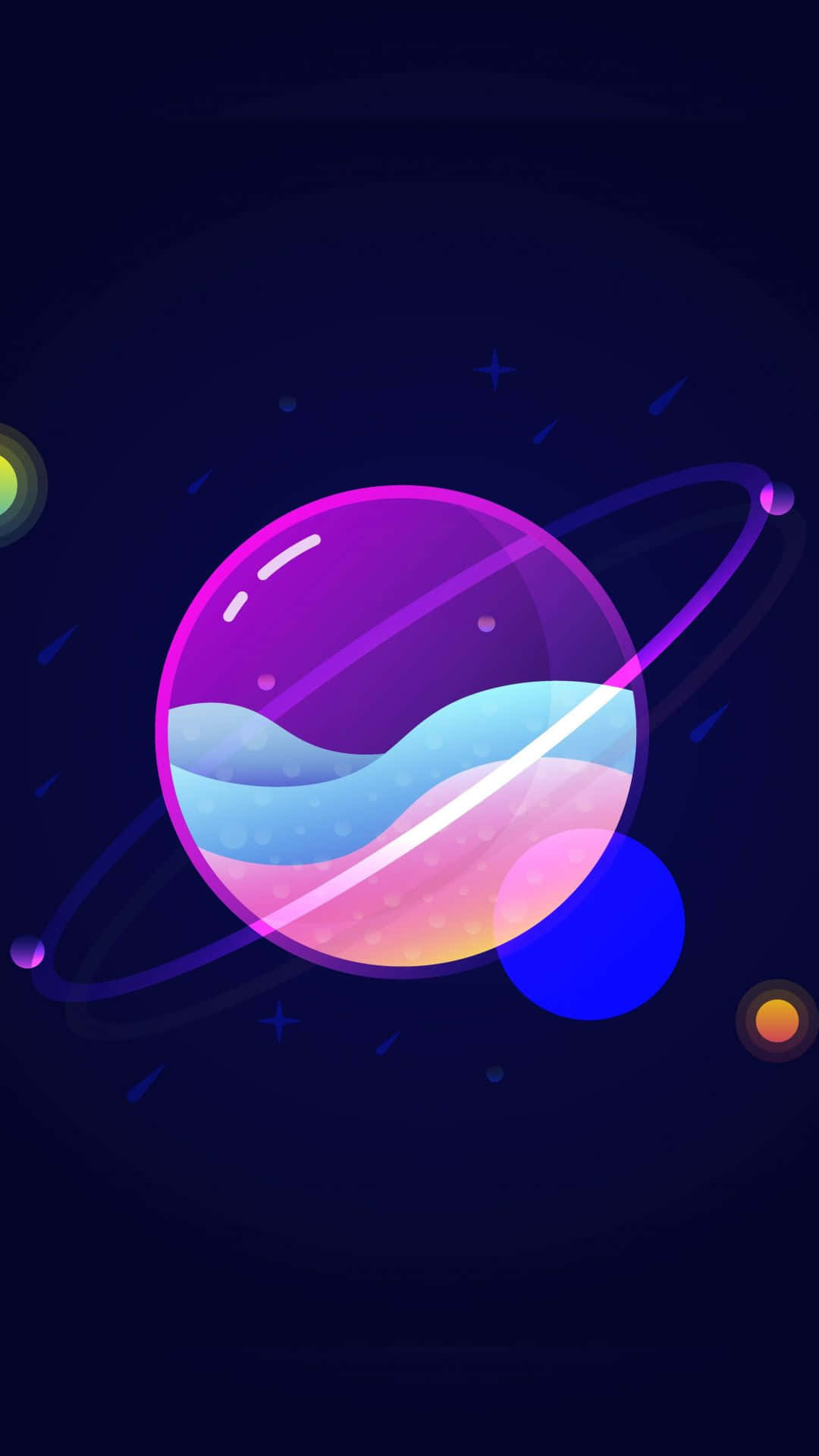 在黑暗的星空中，一顆帶有環和發光海洋的色彩繽紛的行星。