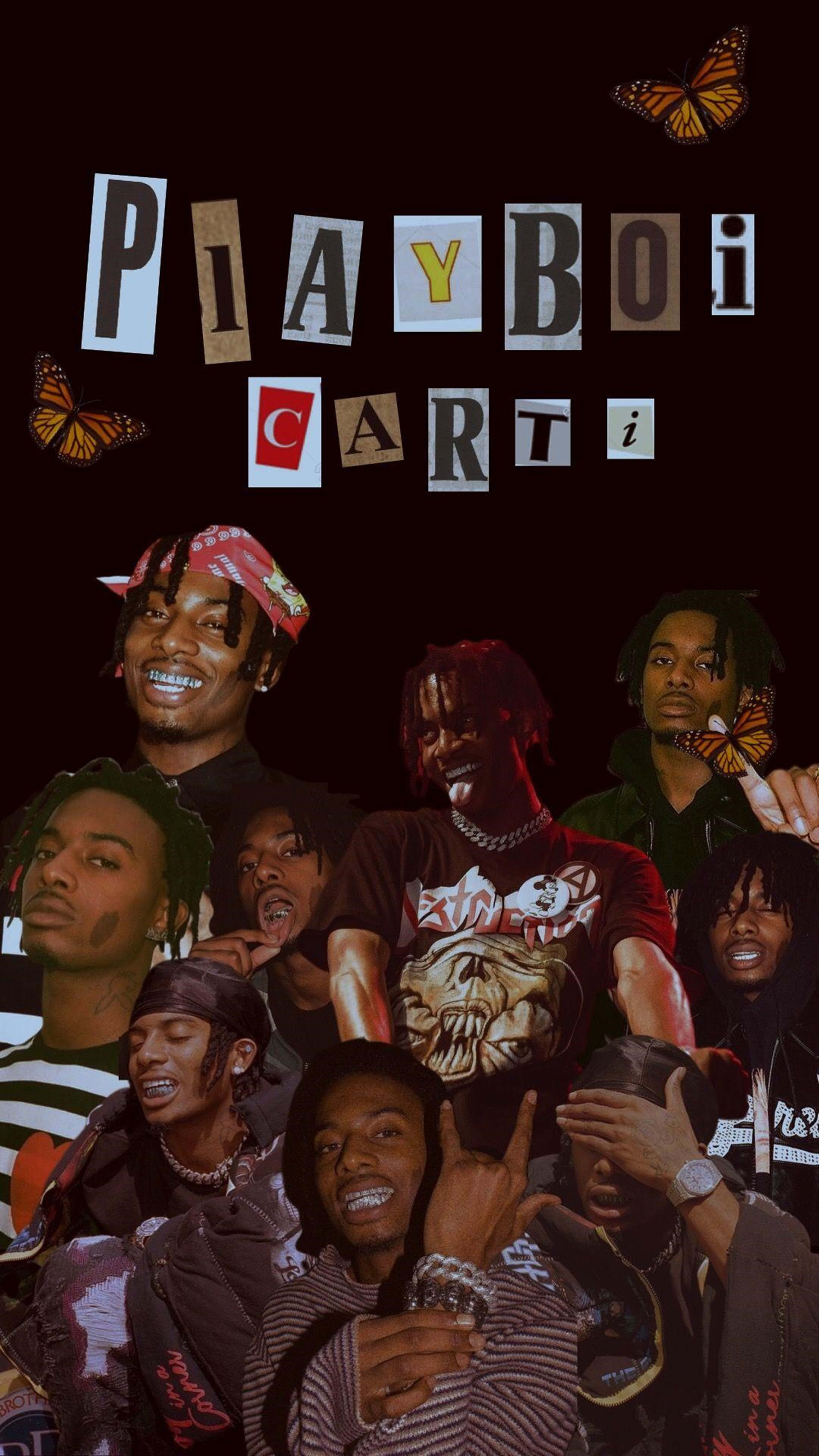 霓虹燈光下的大都市 壁紙 — Playboi Carti 表情豐富的肖像拼貼畫，以深色背景襯托，配有橙色蝴蝶及以碎片化字體呈現的名字。