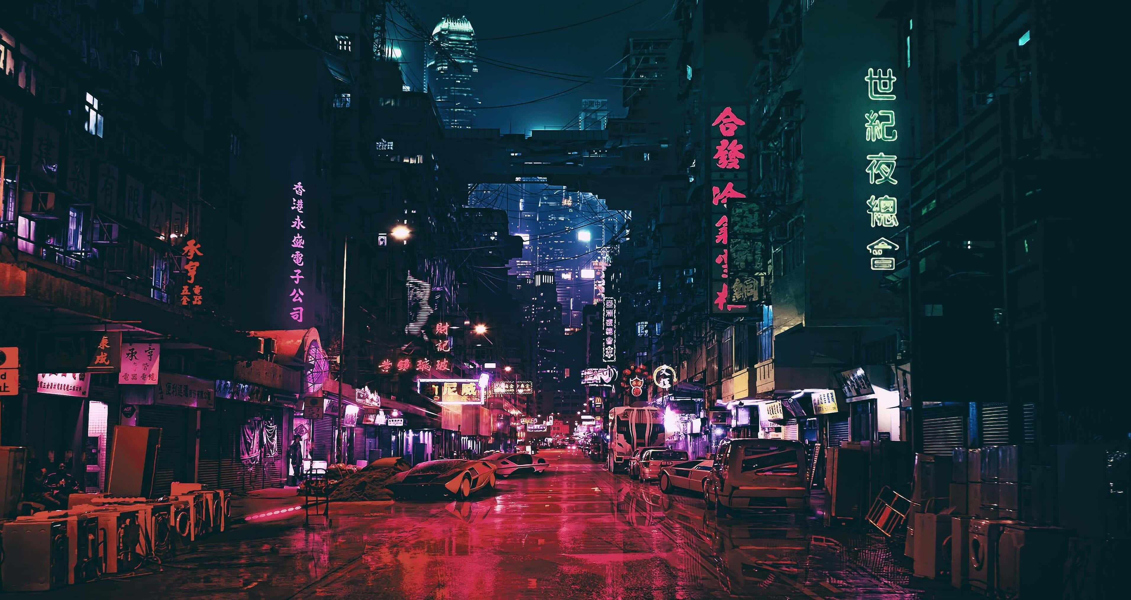霓虹燈光與招牌的都市街道 壁紙