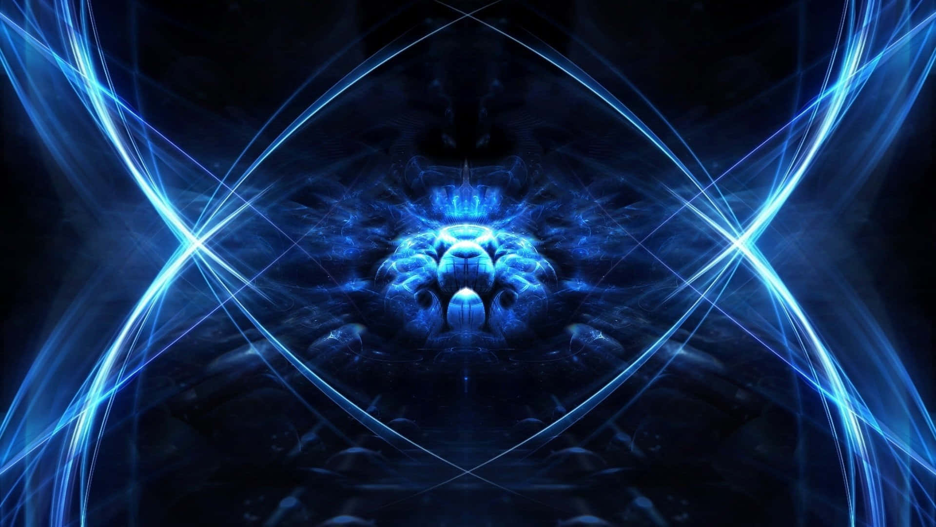 霓虹燈光藍黑背景 壁紙 — 一個對稱的藍色分形設計從發光的中心球體向黑暗背景輻射。