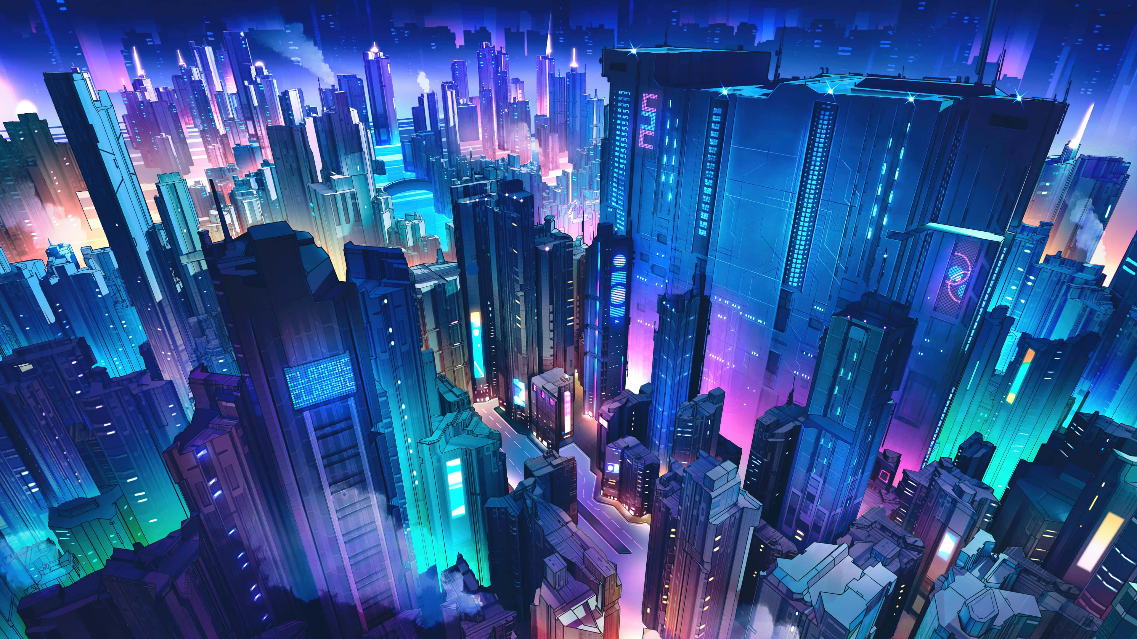 霓虹燈光點亮的城市天際線 壁紙 — 未來主義的城市夜景，高聳的摩天大樓在黑暗的天空下閃耀著霓虹藍、紫和粉紅色。