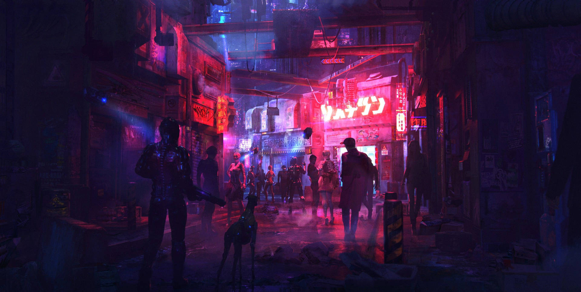夜晚的 cyberpunk 小巷，帶有霓虹招牌和剪影行人。