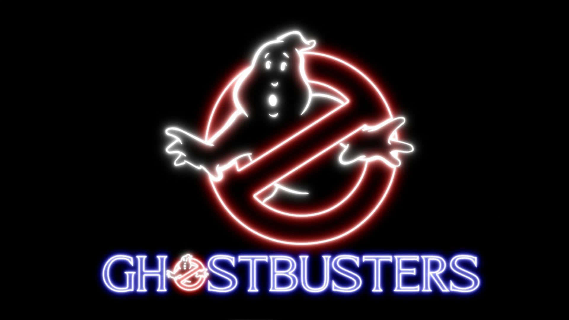 Ghostbusters 桌布 壁紙 — 霓虹燈標誌在黑色背景上以紅色和藍色輪廓發出鬼滅之刃標誌的光芒。