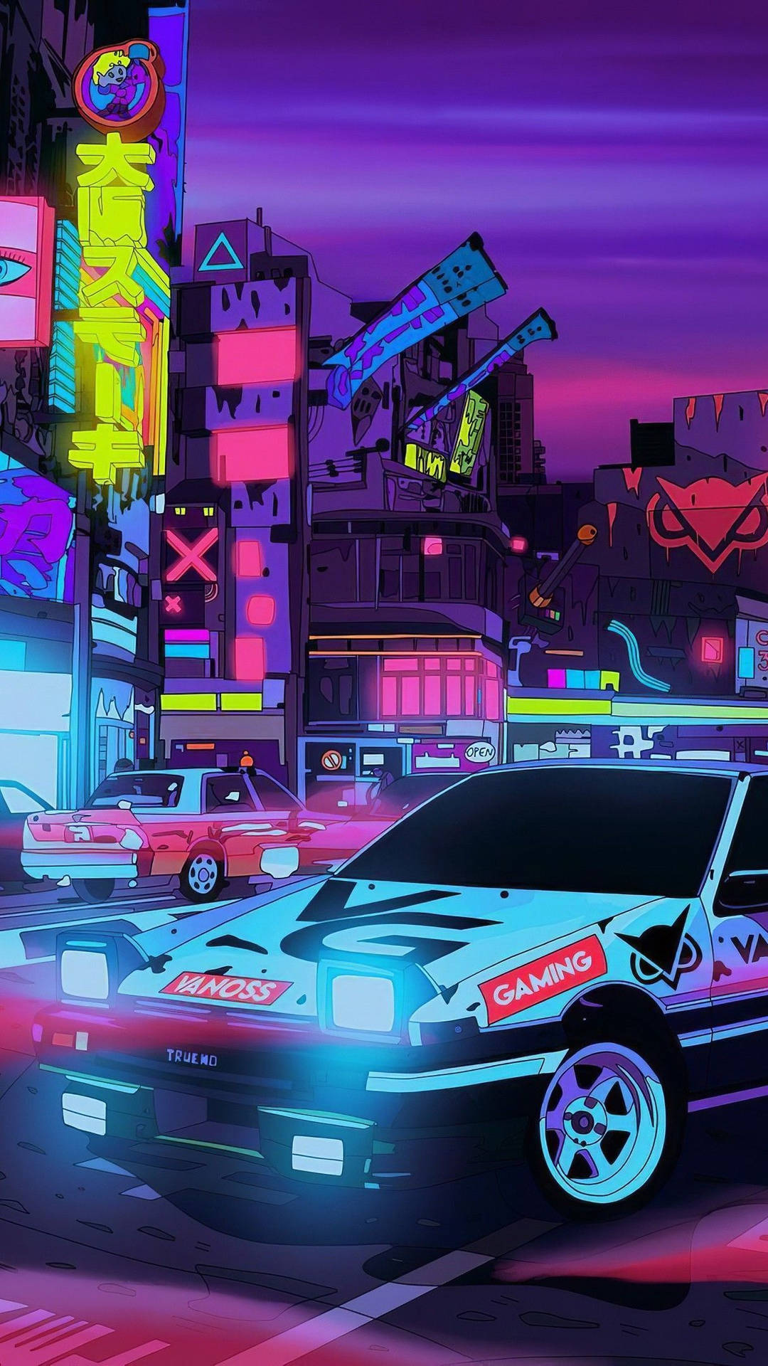 霓虹浸染的賽博龐克城市街道，黃昏時分有賽車。