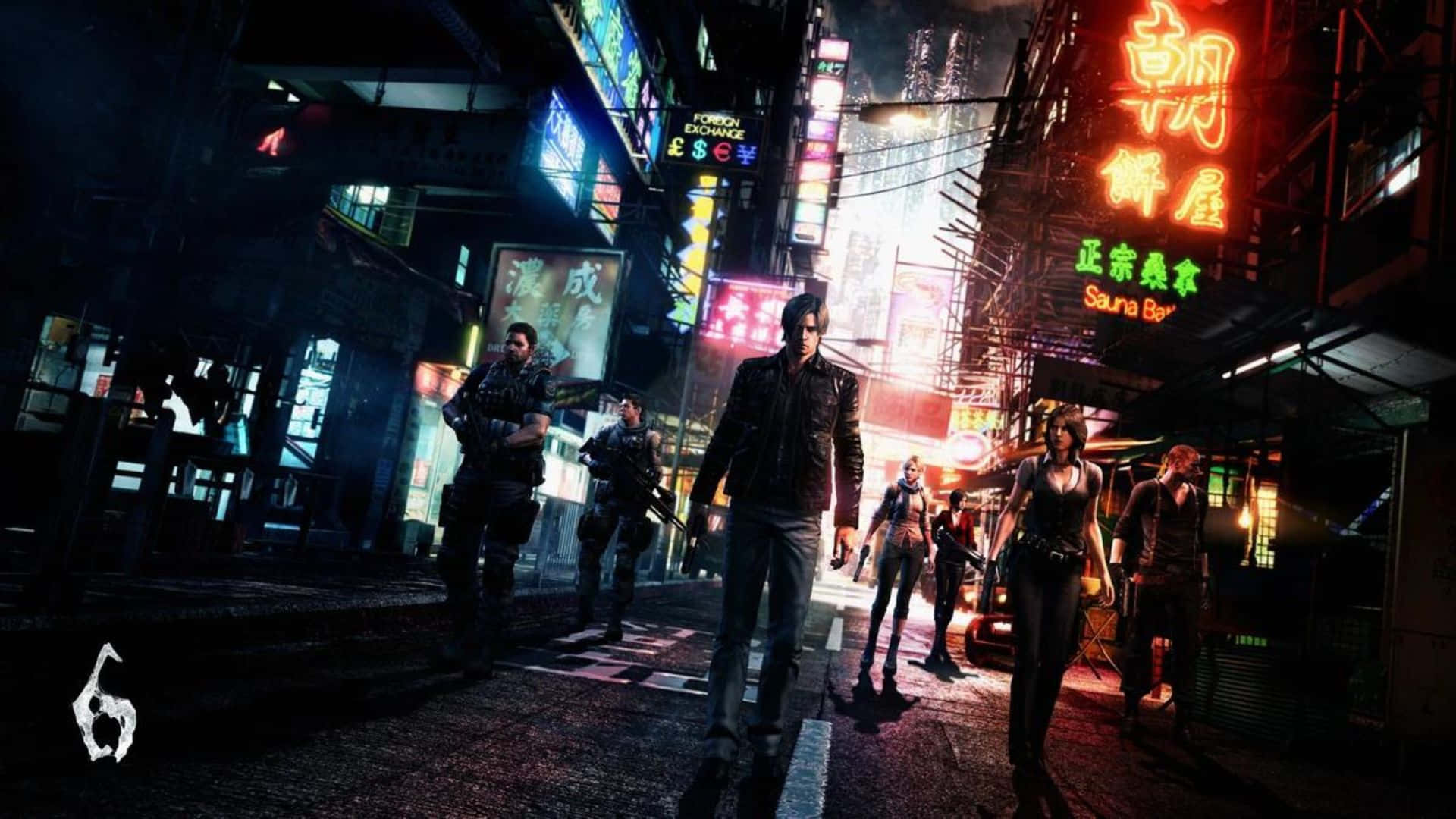 Resident Evil Characters 桌布 壁紙 — 霓虹燈照亮的 cyberpunk 街道夜景，武裝角色在雨中濕滑的小巷中行走，頭頂是發光的招牌。