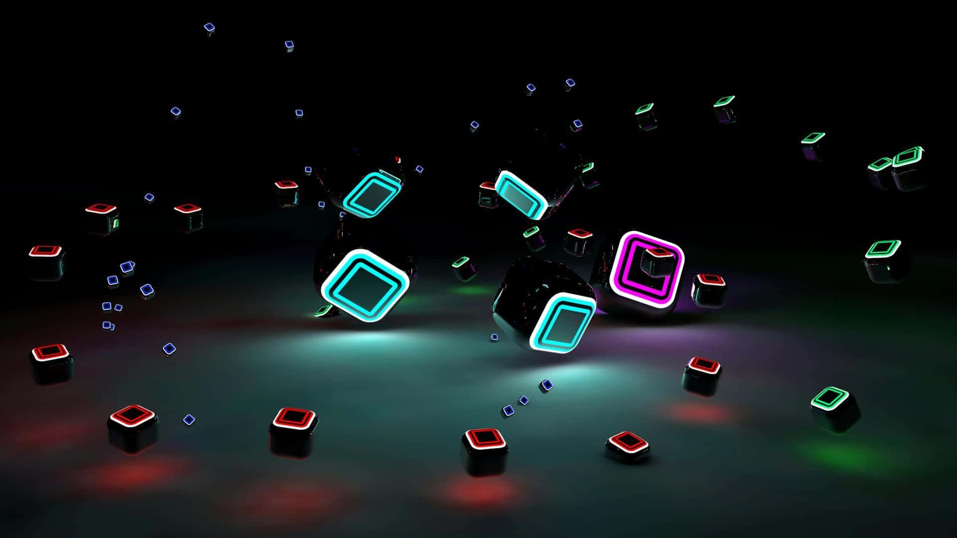 Neon Lights 桌布 壁紙 — 霓虹燈照亮的幾何立方體在黑暗的未來空間中漂浮並發光，在光亮的地板上投射出多彩的反射。