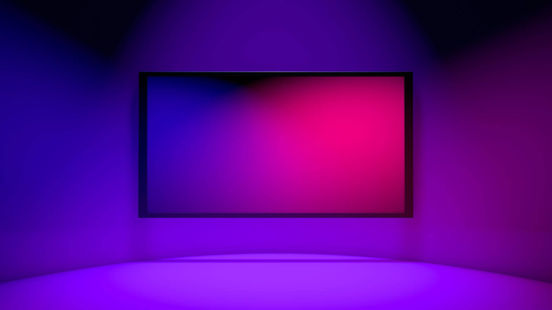 霓虹燈照亮的空電視機 壁紙 — 一個時尚的黑色邊框屏幕顯示出從粉紅色到藍色的鮮豔漸變，懸掛在一個燈光昏暗的紫色房間中，帶有柔和環境光。