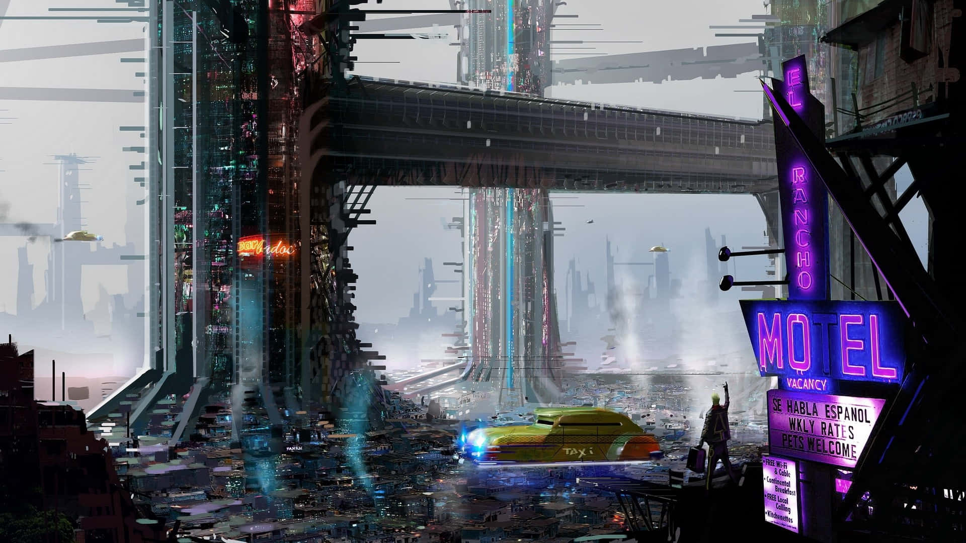 3d City 桌布 壁紙 — 霓虹燈照亮的賽博龐克城市景觀，一輛黃色的士在聳立的大橋下，旁邊閃爍著汽車旅館招牌疾馳。