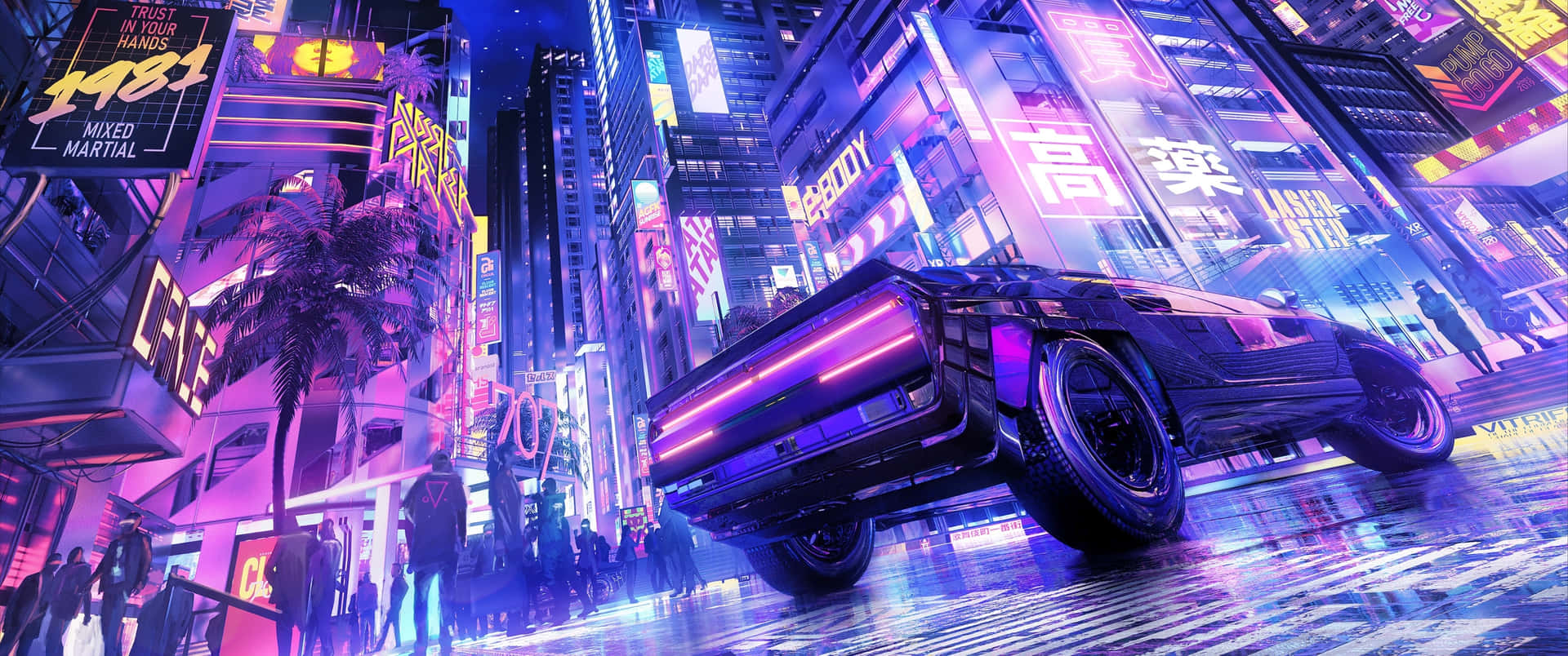 未來感黑色汽車在夜晚霓虹燈照亮的城市街道上飛馳。
