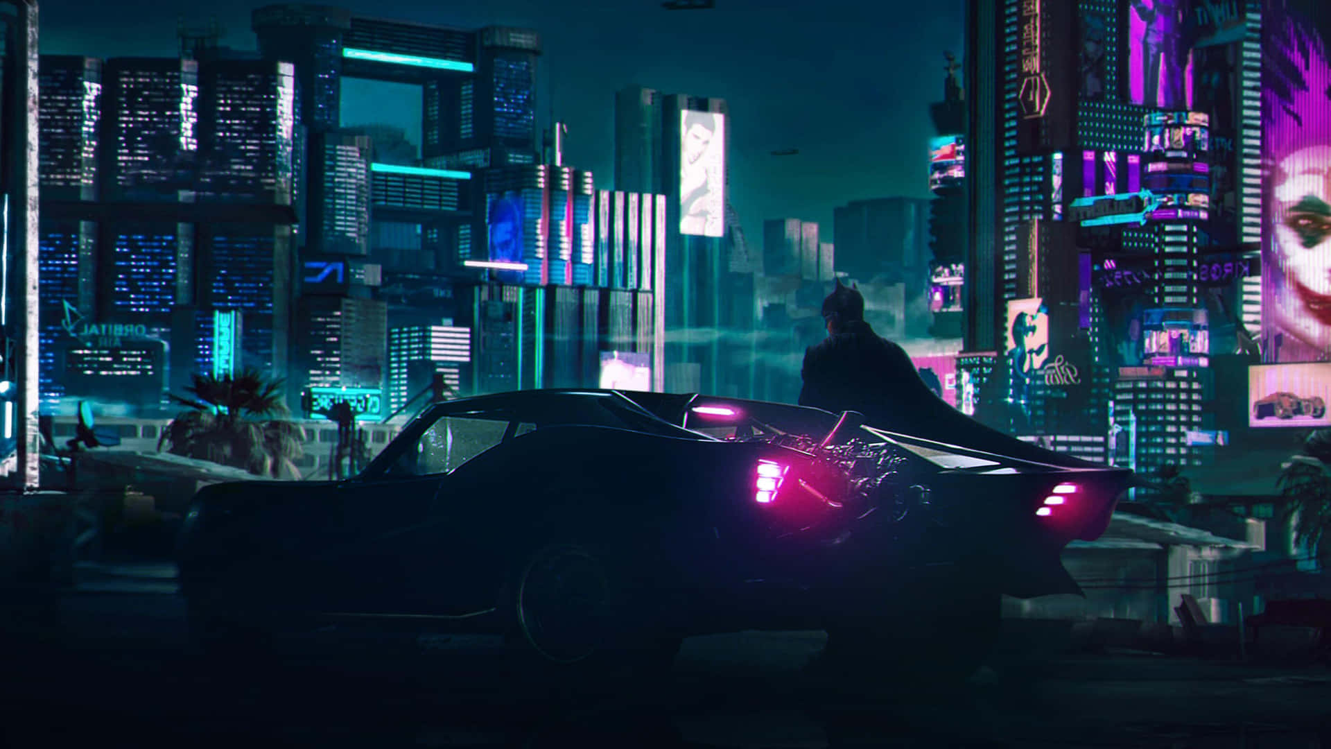 夜晚霓虹燈照亮的未來城市中，一個人站在發光汽車旁的剪影。