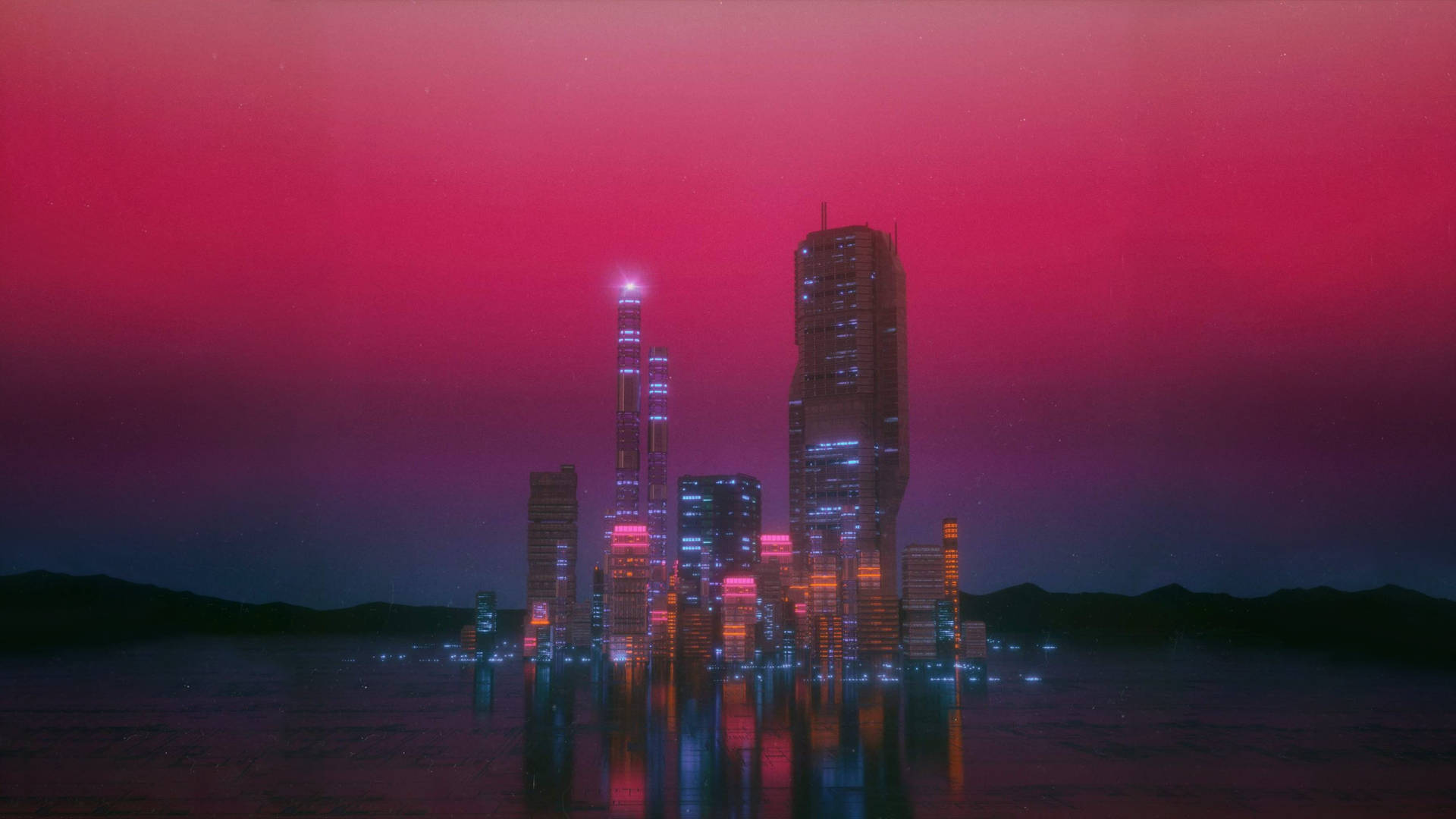 未來城市天際線在夜晚閃爍著霓虹燈光，倒映在紅色天空下的水中。