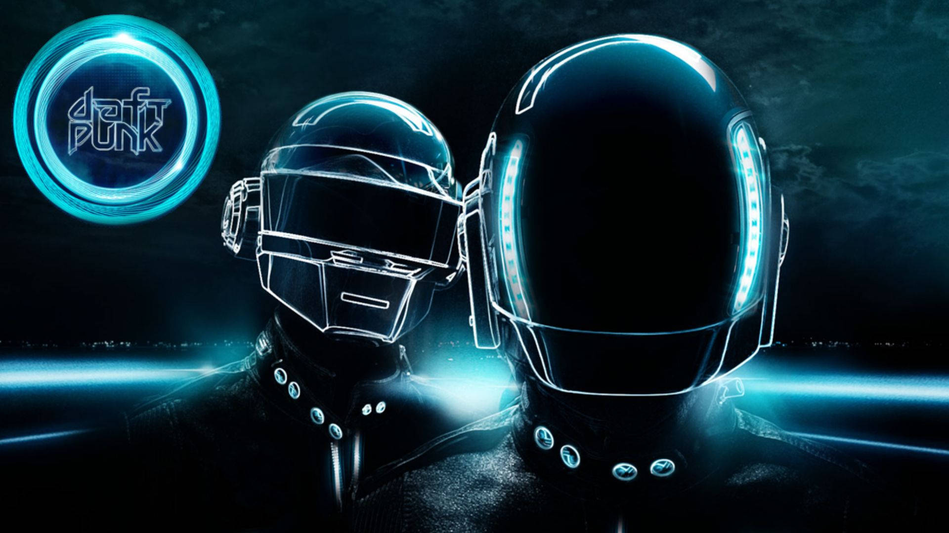 Daft Punk 在發光頭盔中，帶有霓虹藍光，背景為黑暗。