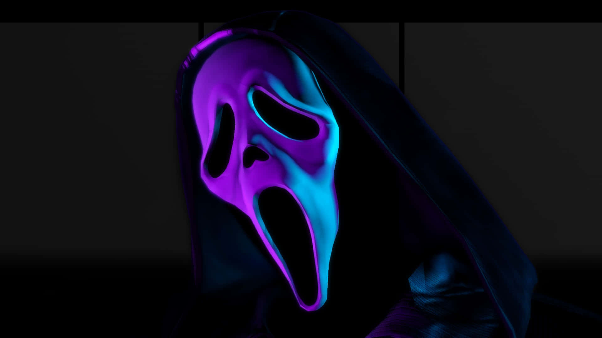 霓虹燈鬼臉頭像 壁紙 — 一個發光紫色和藍色的Ghostface面具，配上一個戴帽子的身影，背景為深色。