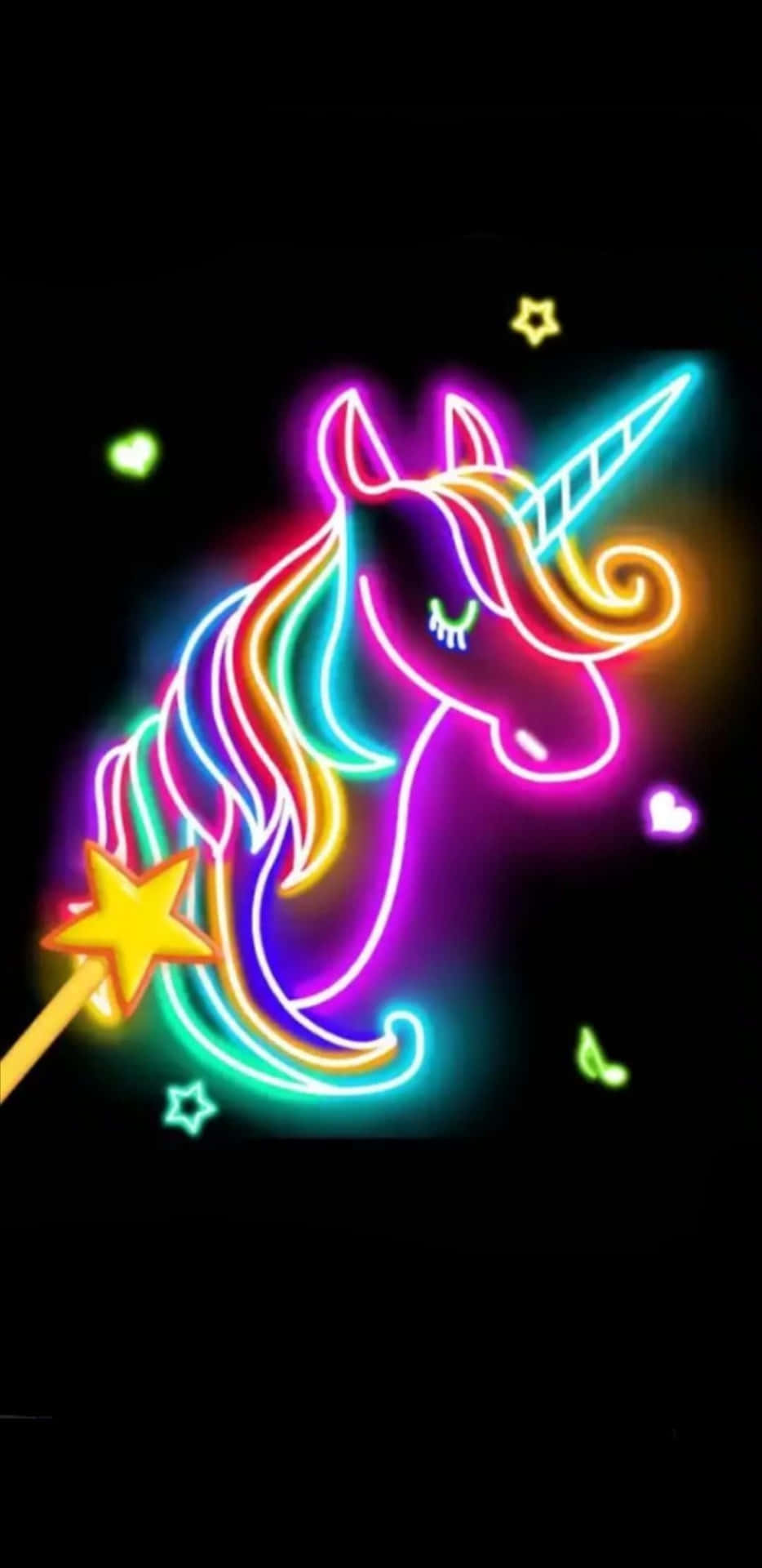 霓虹獨角獸，彩虹鬃毛和角在黑色背景上發光，帶有星星和心形。