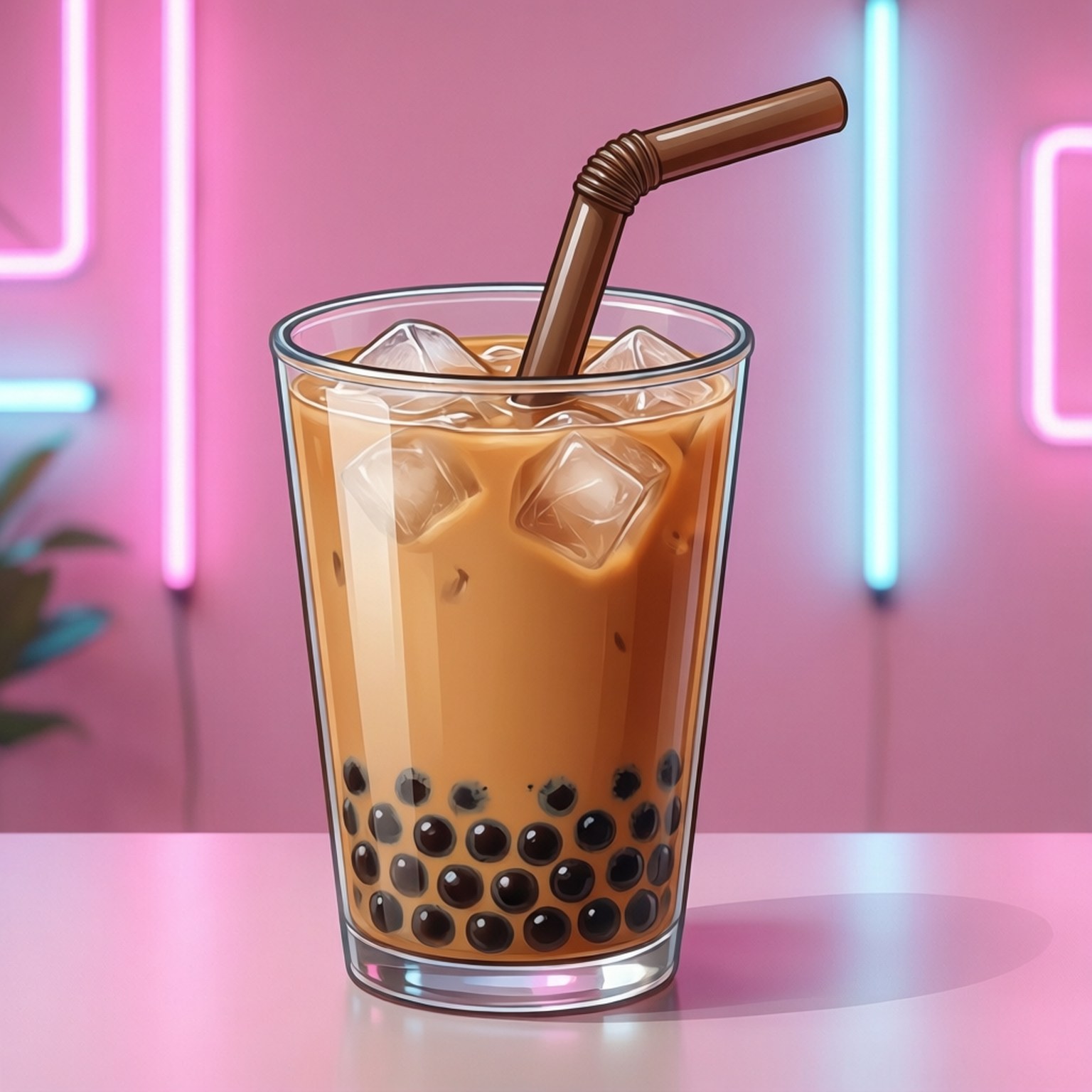 一杯冰凍珍珠奶茶，內有黑珍珠和冰塊，背景是霓虹燈。