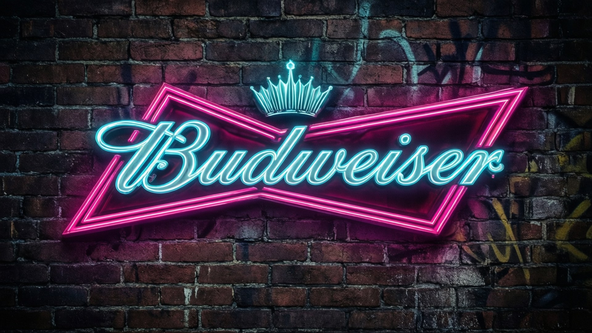 Budweiser霓虹燈牌在帶有塗鴉的磚牆上