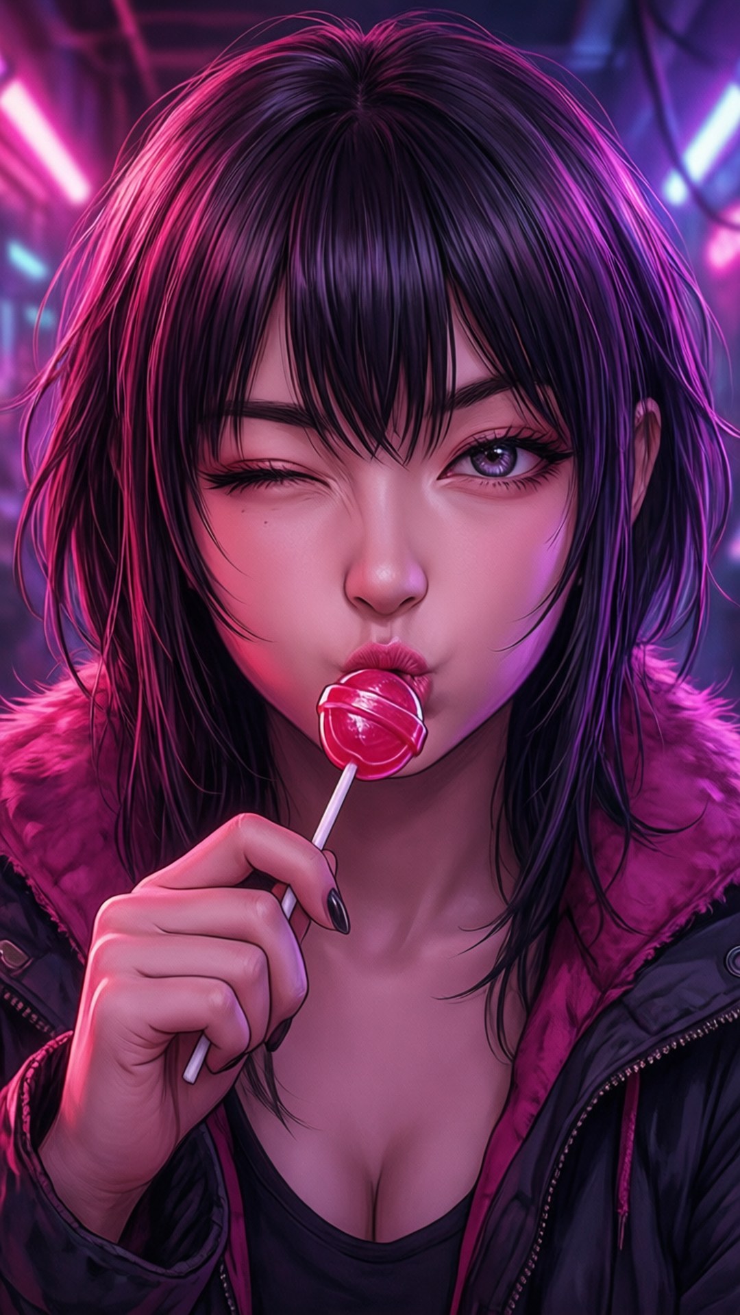 霓虹眨眼 壁紙 — 一位深色頭髮的賽博龐克動漫女孩，閉著一隻眼睛，在粉紅色霓虹燈下品嚐紅色棒棒糖。