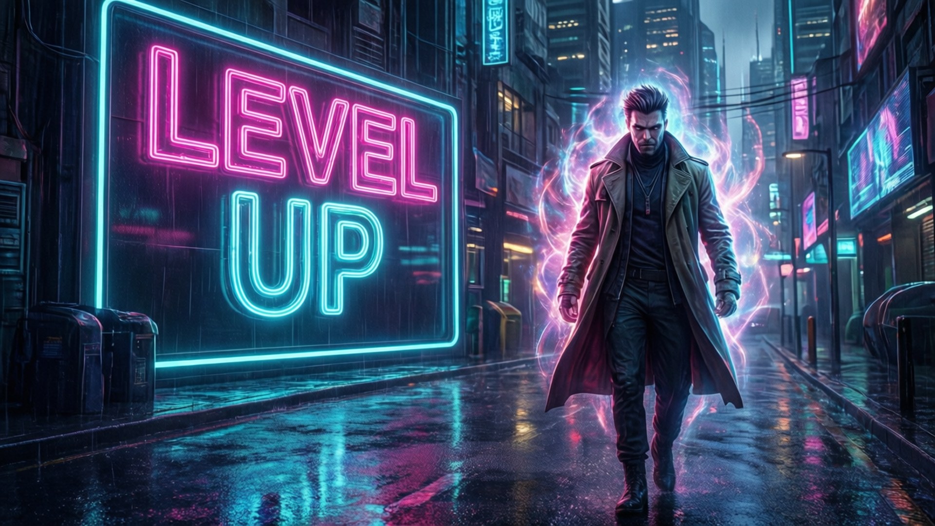 穿著 trench coat 的男人在霓虹燈照亮、下著雨的街道上行走，有發光的 'LEVEL UP' 標誌。