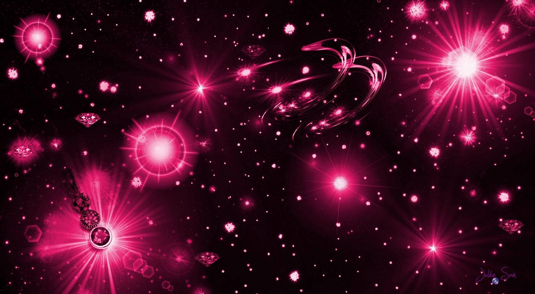 宇宙空間場景中粉紅色發光的星星和旋轉的星雲。