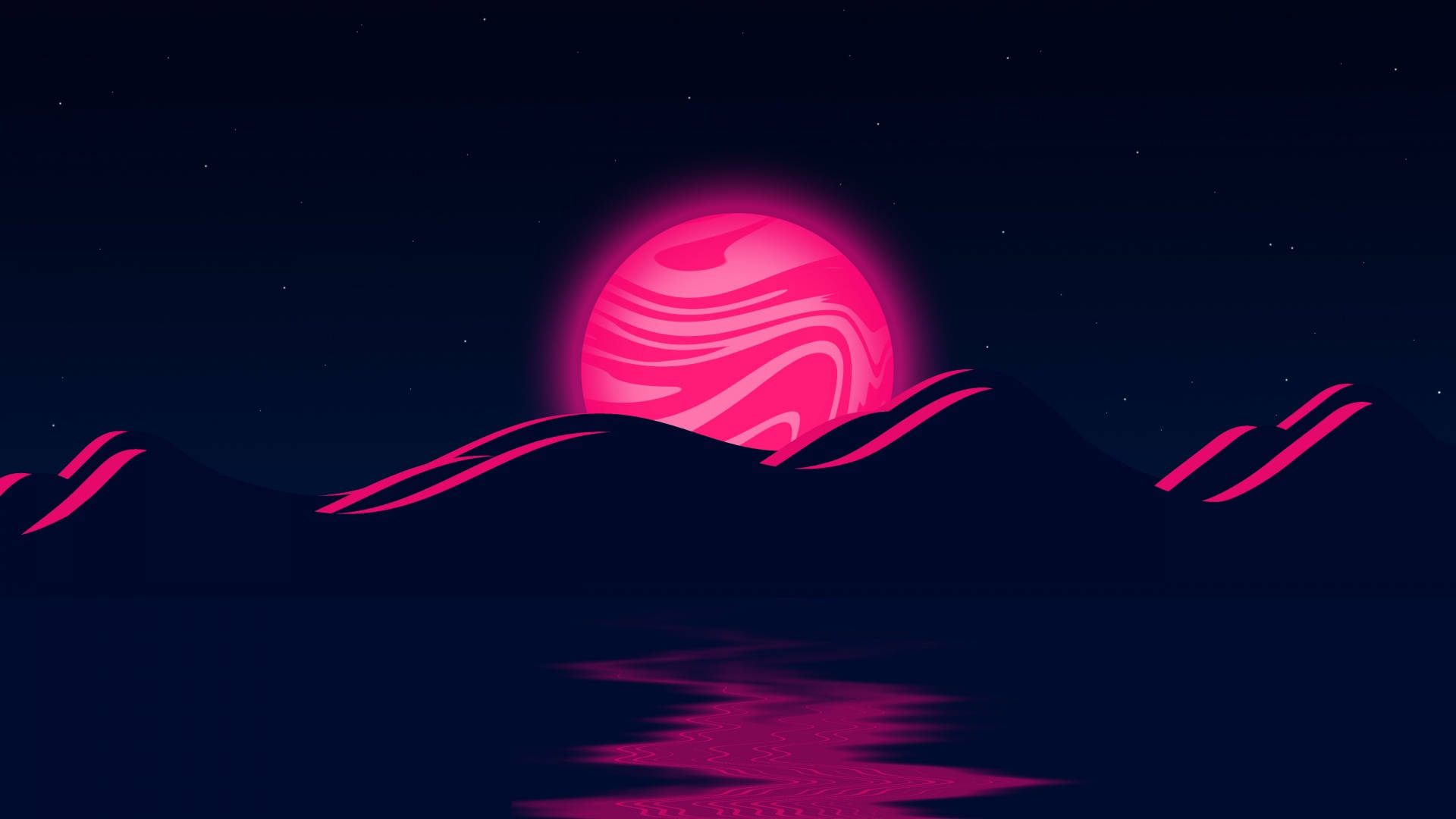粉紅色行星在黑暗山丘上，水中倒影，星空下