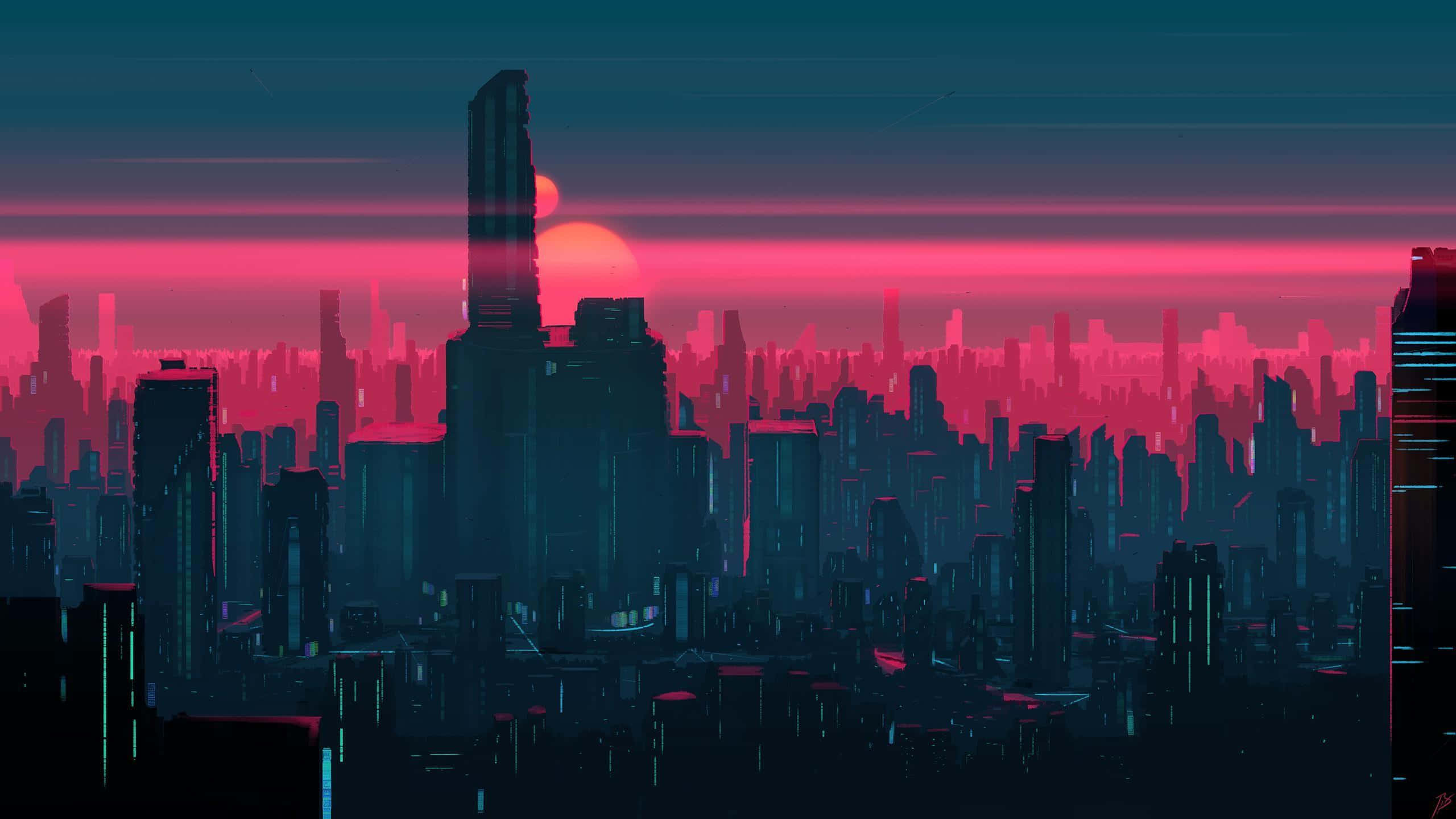 霓虹粉紅城市數位藝術 壁紙 — 夕陽下霓虹燈閃爍的賽博龐克城市景觀，高聳的摩天大樓在發光的粉紅色和藍綠色天空襯托下形成剪影。