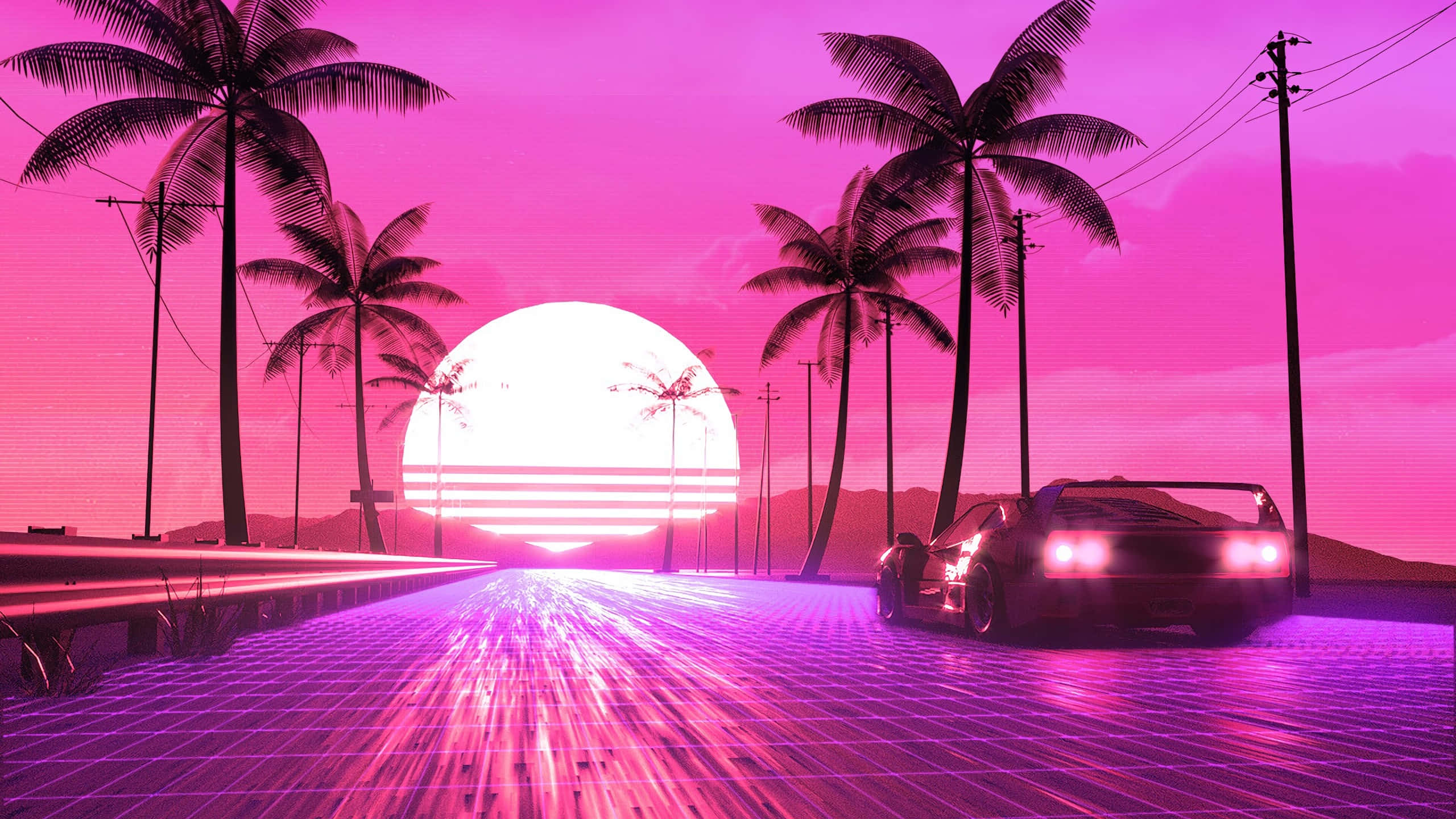 80s Retro 桌布 壁紙 — 霓虹粉紅夕陽在棕櫚樹後閃耀，一輛跑車在發光的網格道路上疾馳，呈現復古未來主義的沙漠場景。