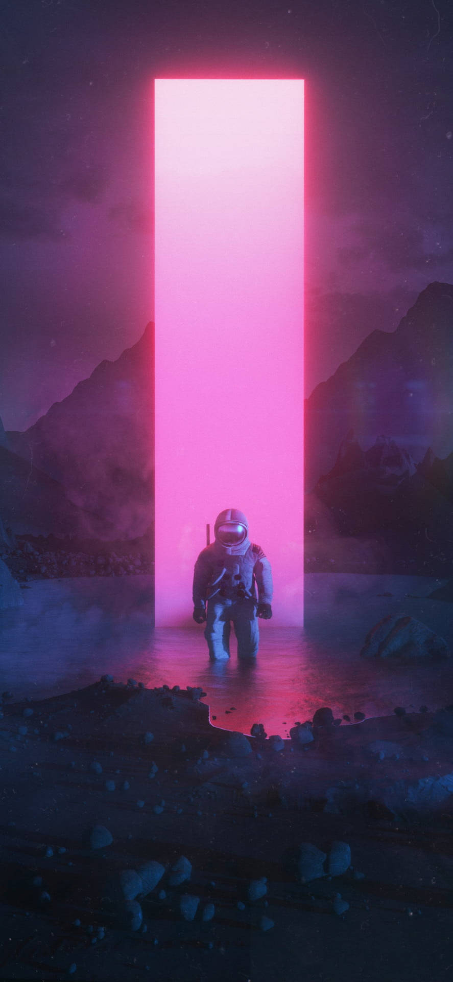 太空人在黑暗的外星山區地形中接近一個發光的粉紅色傳送門。