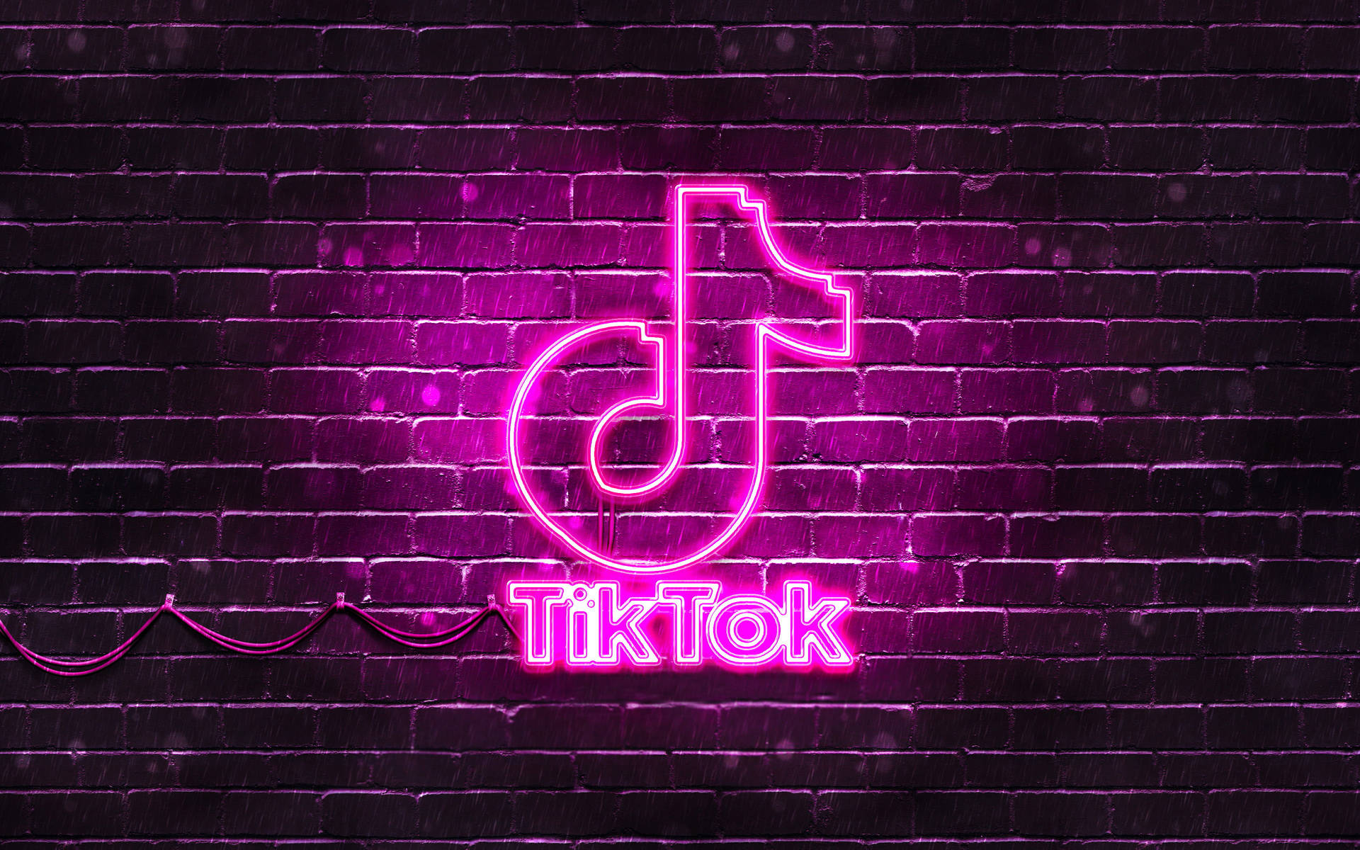 夜間濕磚牆上的粉紅色霓虹燈TikTok標誌。