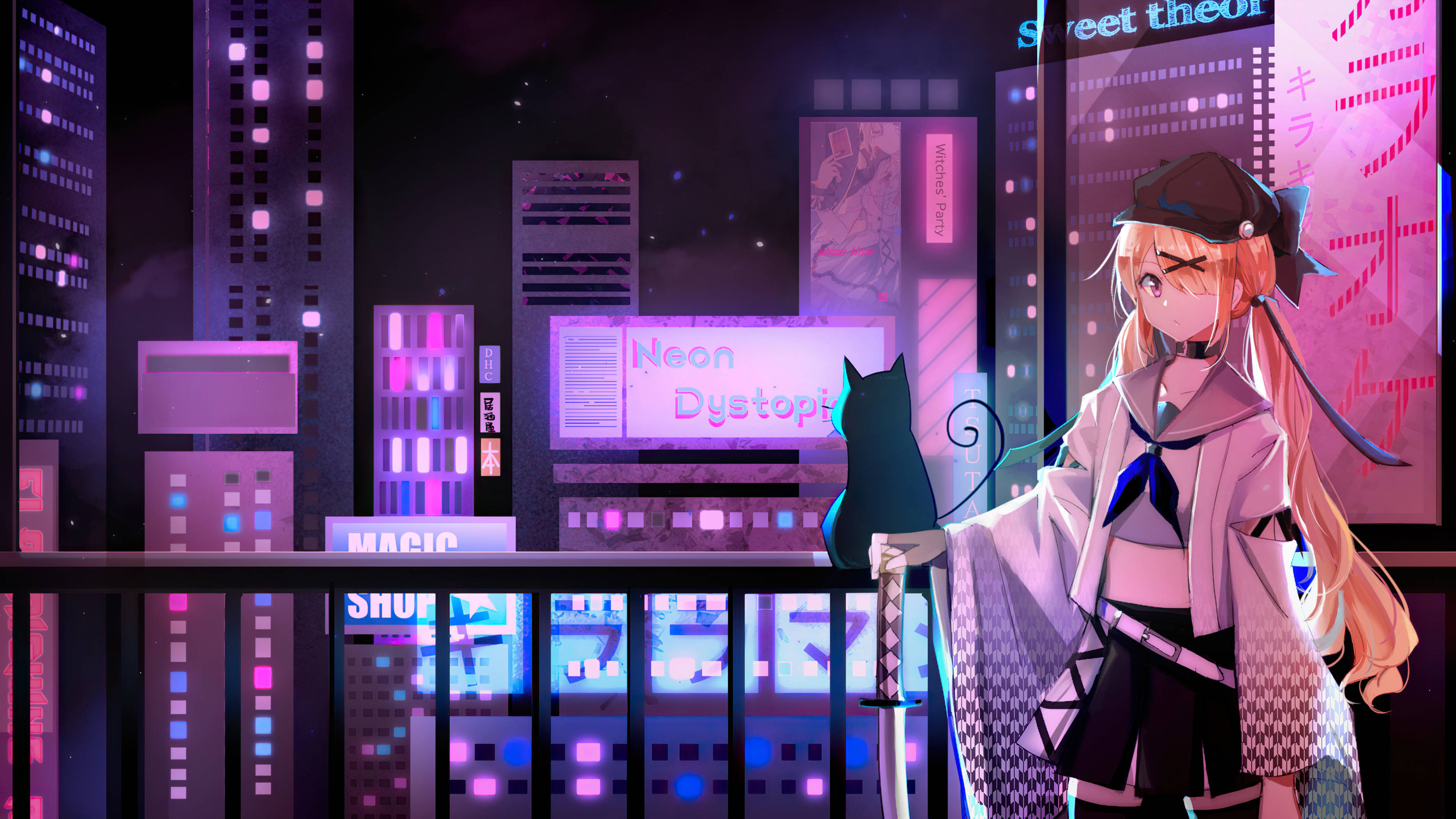 霓虹紫動漫少女與貓 壁紙 — 一個孤獨的動漫女孩帶著貓和劍站在陽台上，俯瞰夜晚霓虹燈閃爍的賽博龐克城市景觀。