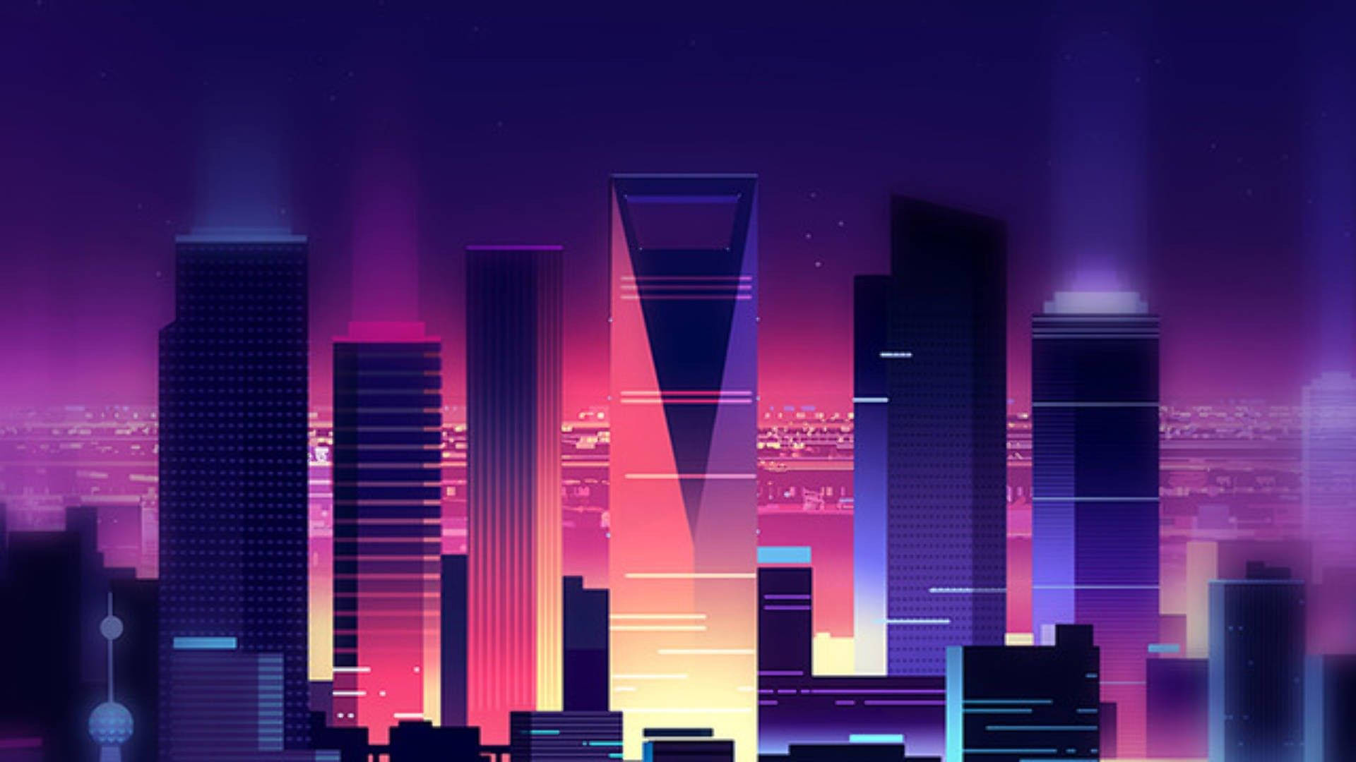 霓虹紫夢幻夜景 壁紙 — 黃昏時分充滿活力的霓虹燈城市天際線，高聳的摩天大樓散發著紫色、粉紅色和黃色的光芒。