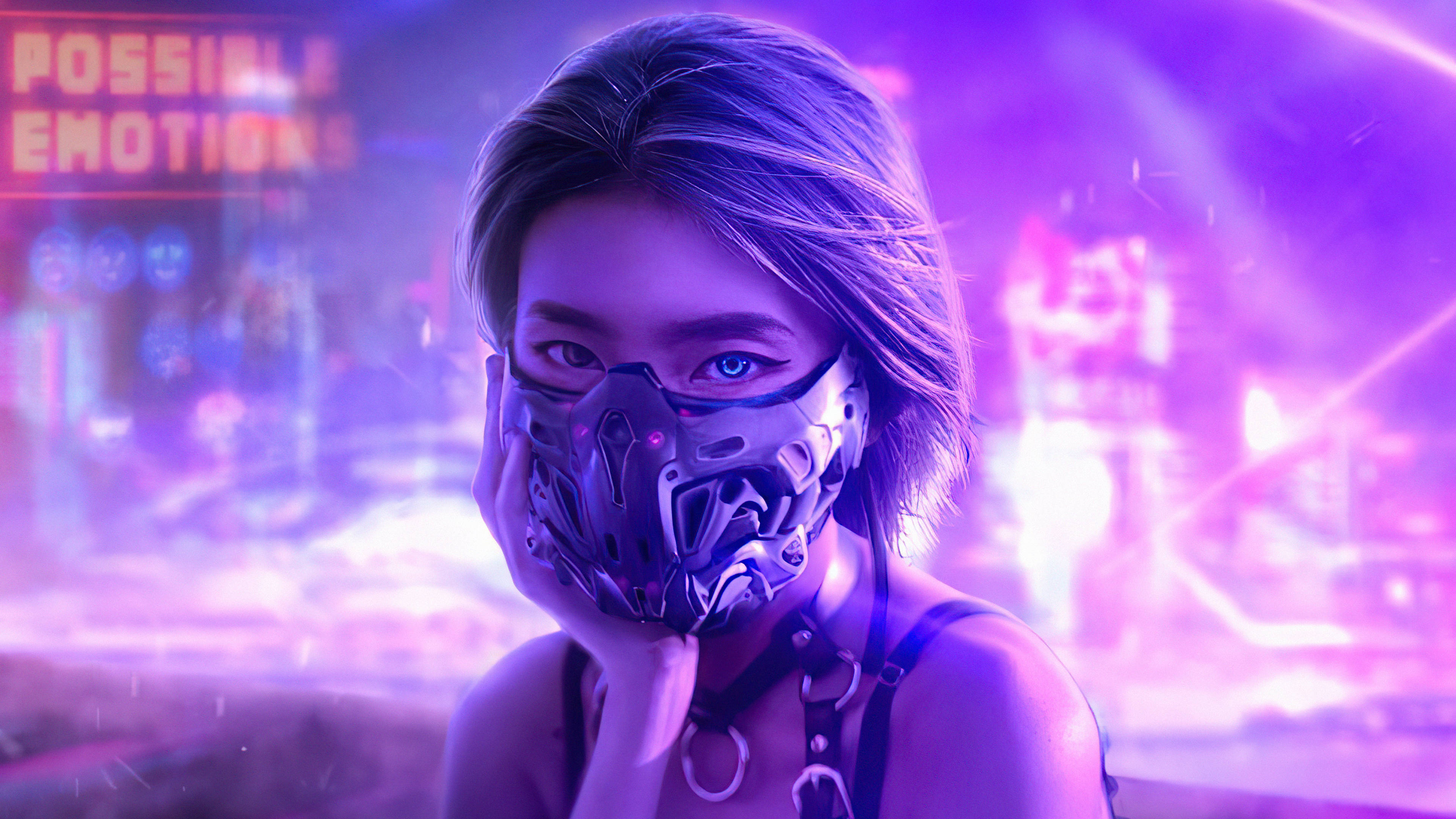 霓虹紫戴機械面具少女 壁紙 — 一位擁有發光藍眼睛的賽博龐克女性，戴著金屬面具，背景是霓虹燈點亮的城市景觀。