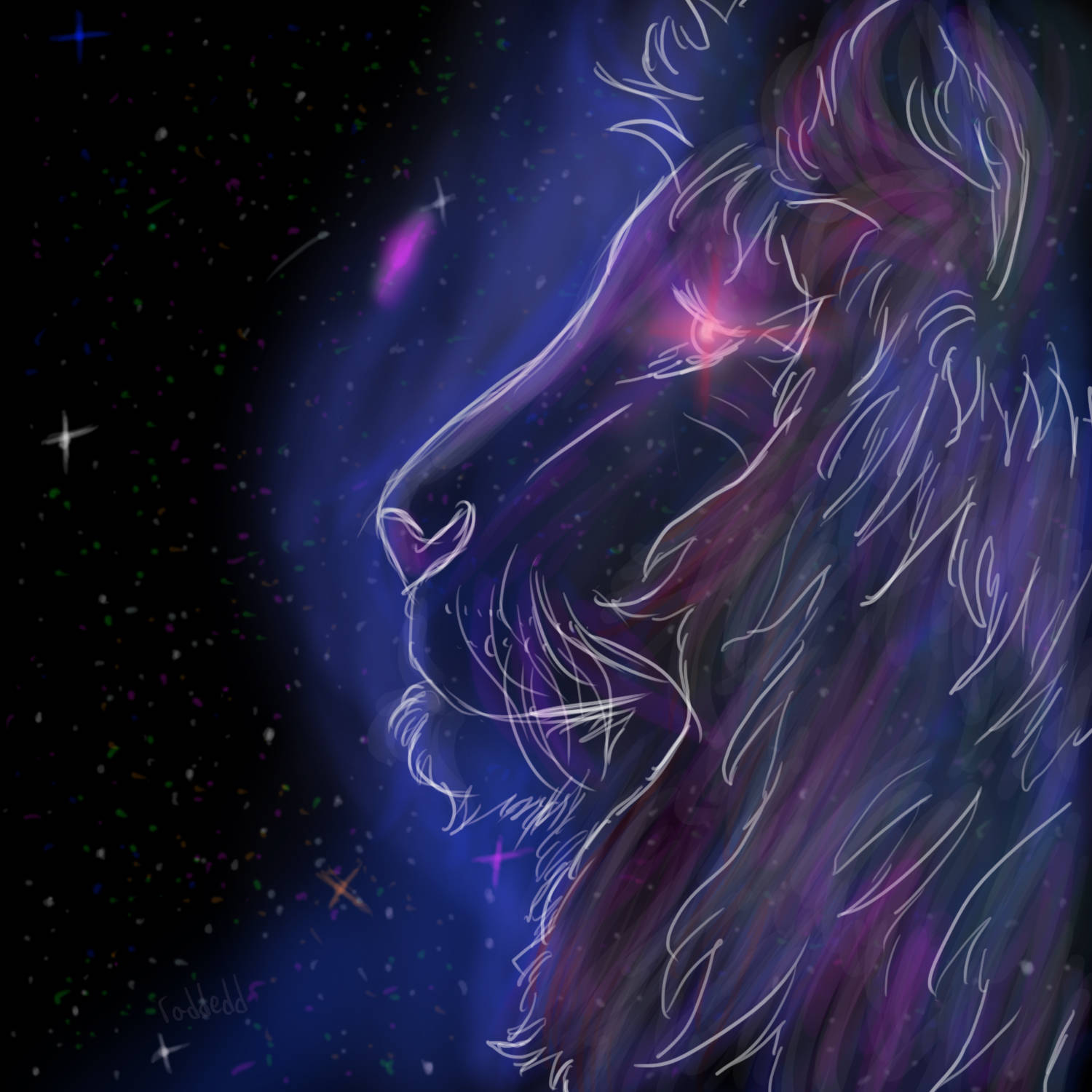 太空中的獅子頭，眼睛發光，背景佈滿星星。 — 銀河獅子 壁紙