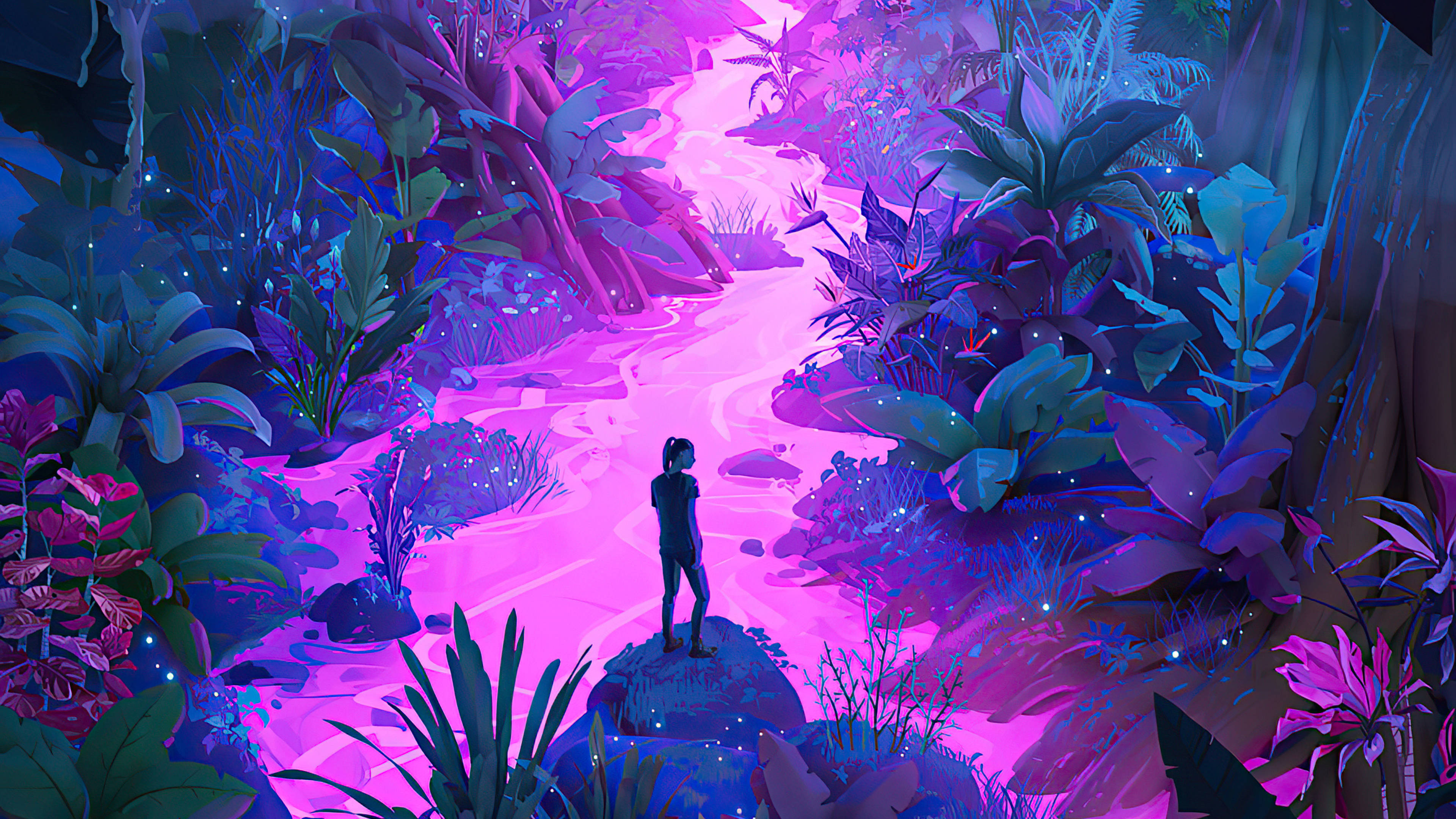 霓虹紫色河流 壁紙 — 一個孤獨的身影站在一塊岩石上，身處發光的紫色叢林溪流中，周圍是生物發光的植物。