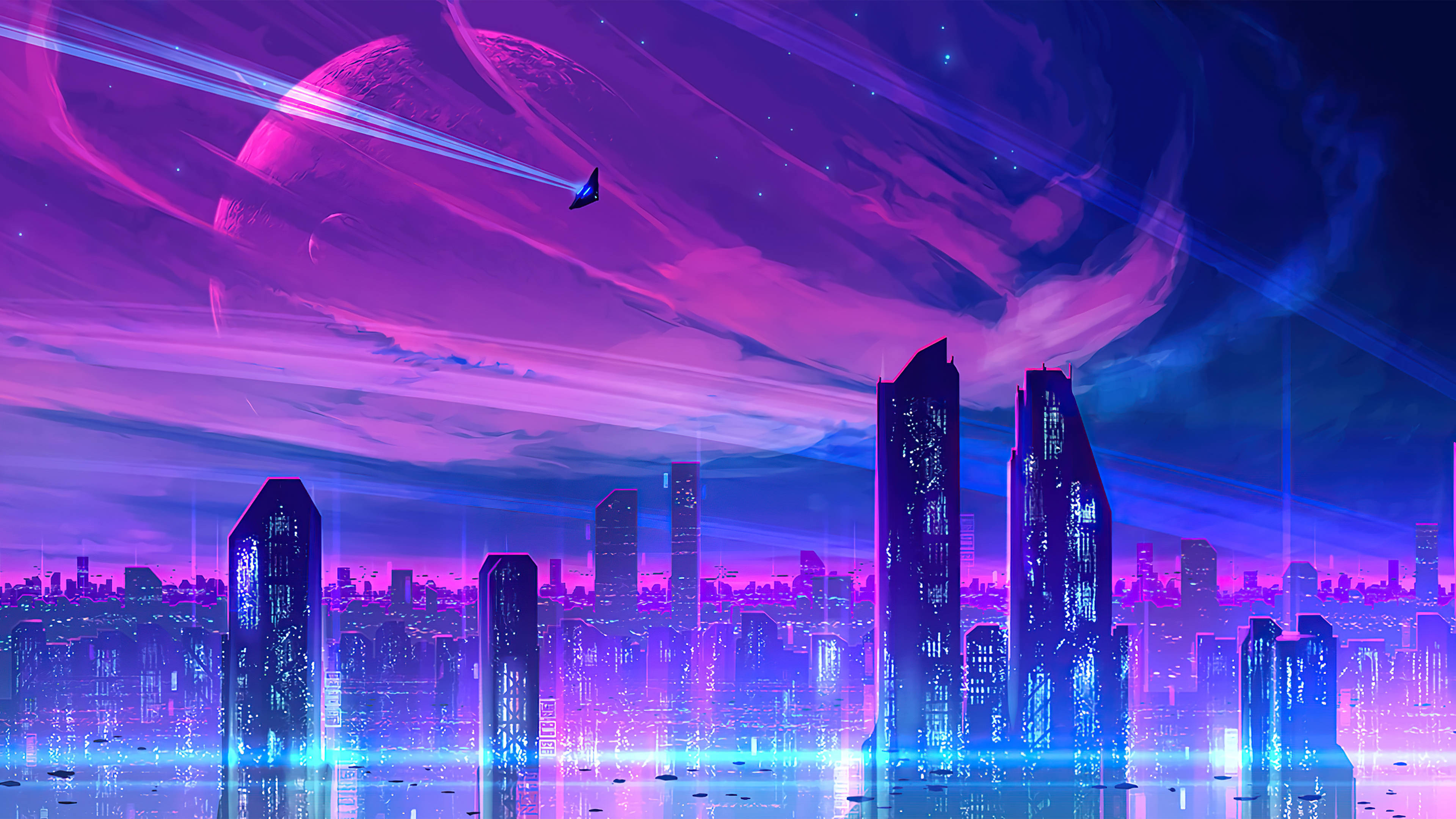 霓虹紫色現代都市 壁紙 — 未來城市天際線在宇宙天空下，以霓虹紫色和藍色光芒閃耀，天空中有一顆行星和飛船。