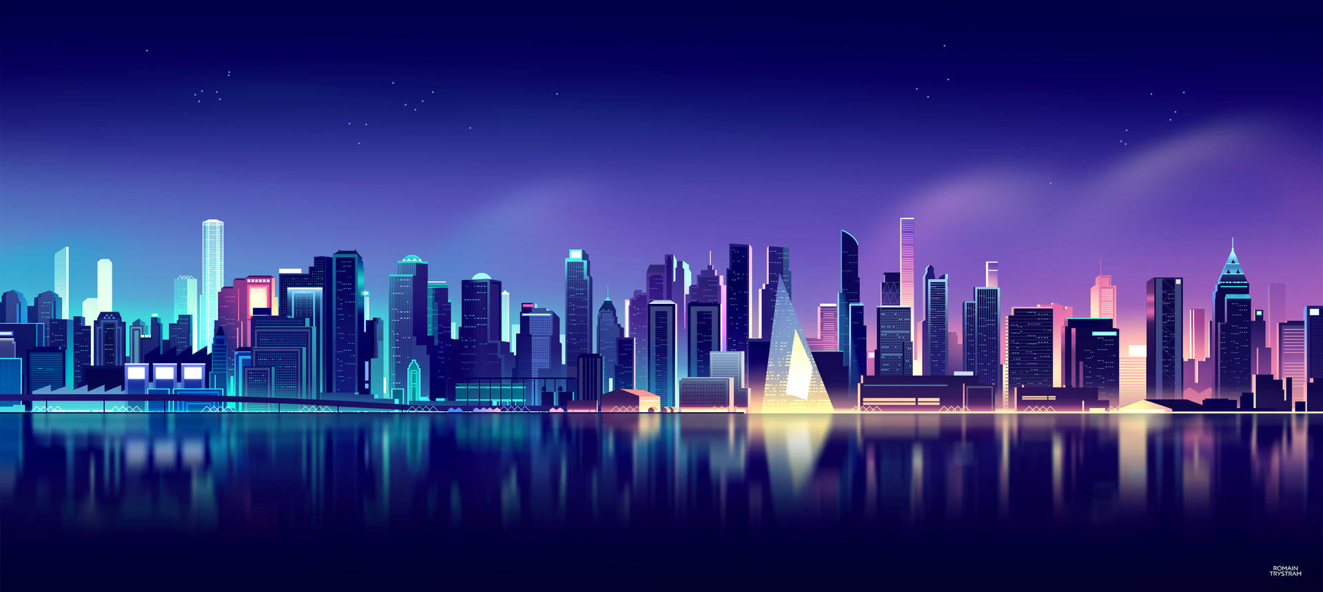 未來城市夜景，霓虹燈光在水面上倒映。