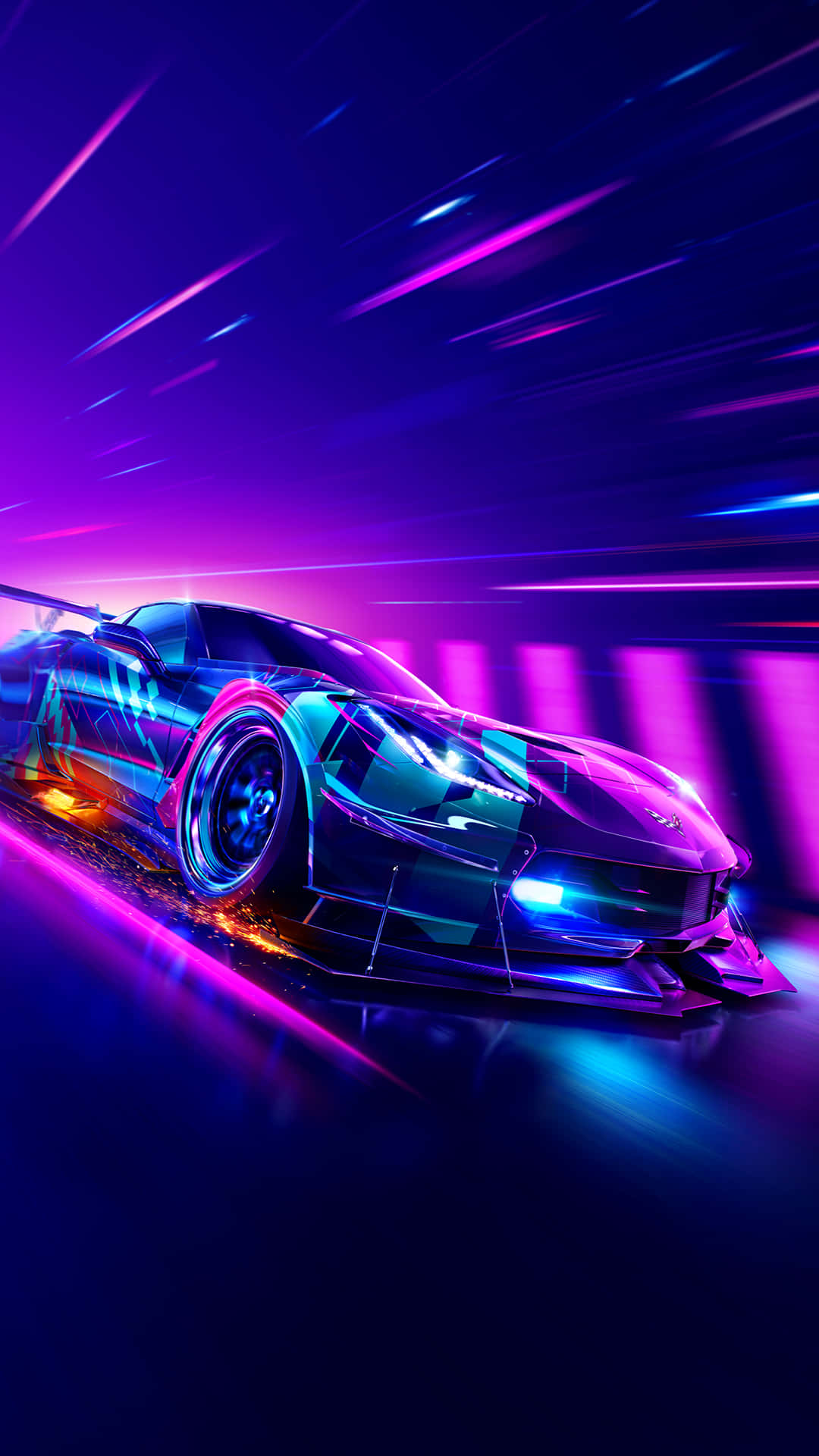 霓虹紫色街道賽車 Pixel 3《Need for Speed Heat》背景 壁紙 — 一輛未來主義跑車在充滿紫色和藍色光線的霓虹隧道中飛馳。