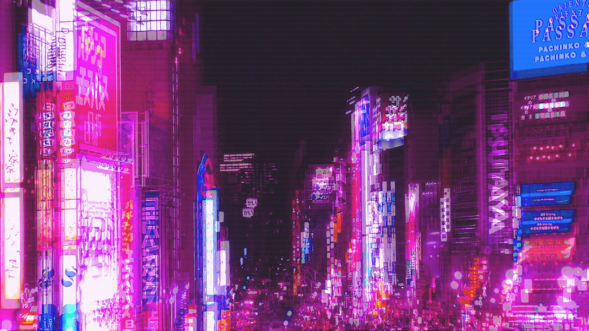 霓虹紫色風情城市夜景 壁紙 — 鮮豔的霓虹燈在高聳的摩天大樓上閃耀，營造出帶有數位故障效果的賽博龐克城市夜景。