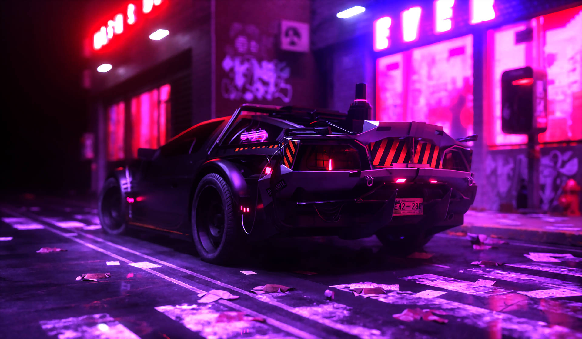 黑色跑車停在夜間霓虹燈照亮的潮濕街道上，旁邊有塗鴉牆。