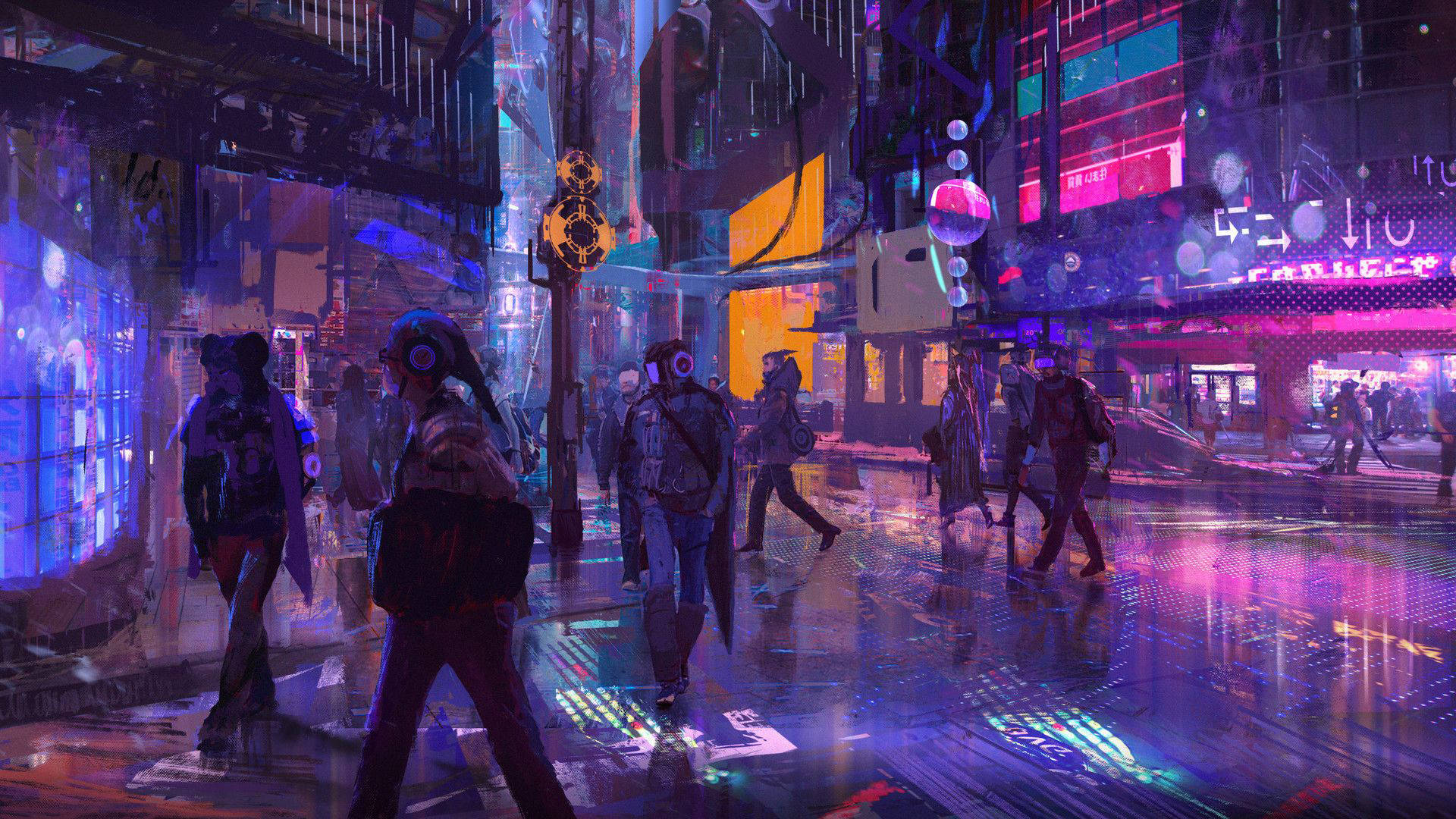 霓虹紫調賽博龐克街景 壁紙 — 夜晚被霓虹燈浸透的賽博朋克街道，雨水濕滑的人行道反射著發光的招牌和穿著未來裝備的行人。