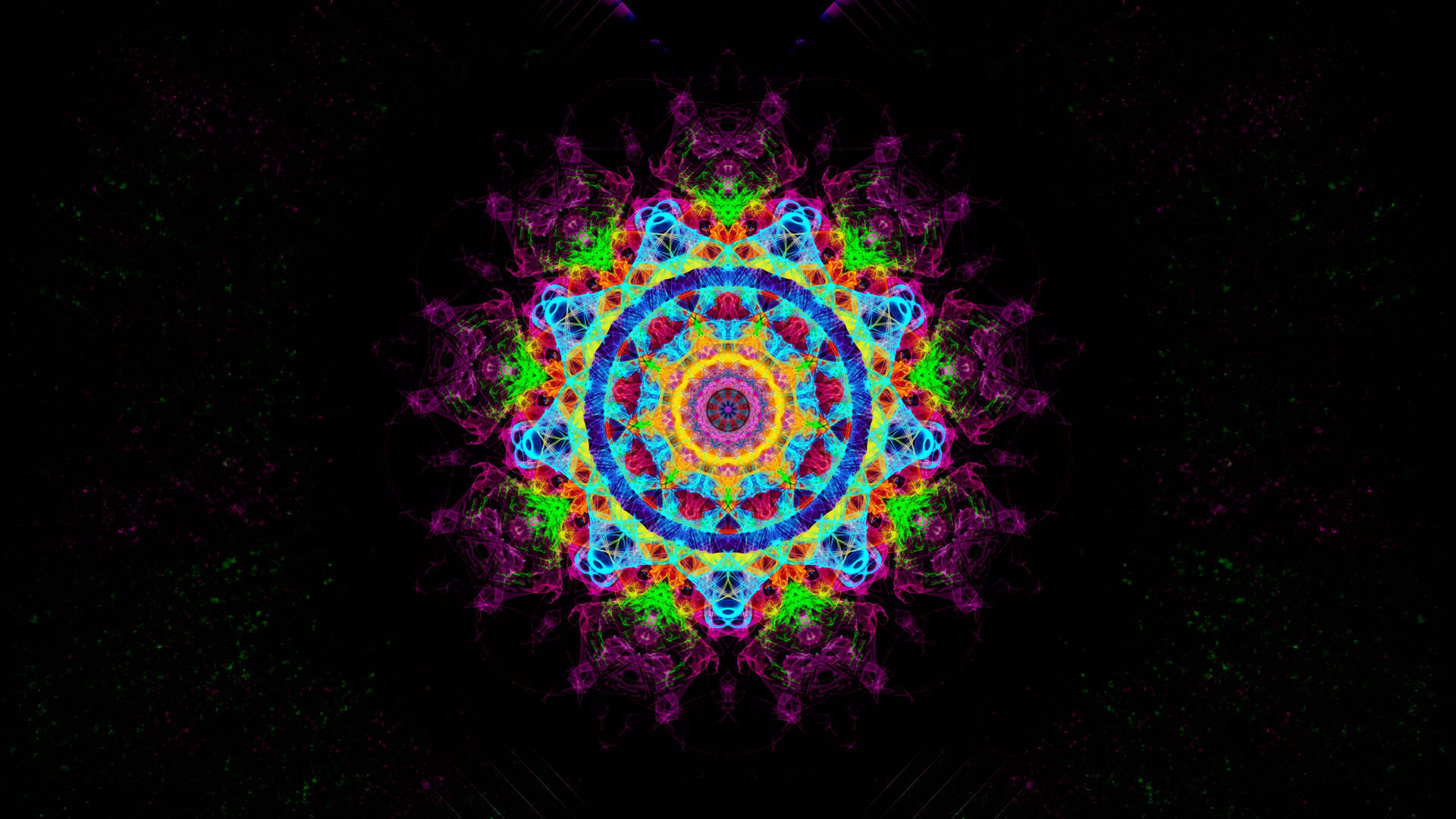 在黑暗的星空背景下發光的充滿活力的霓虹分形曼陀羅。