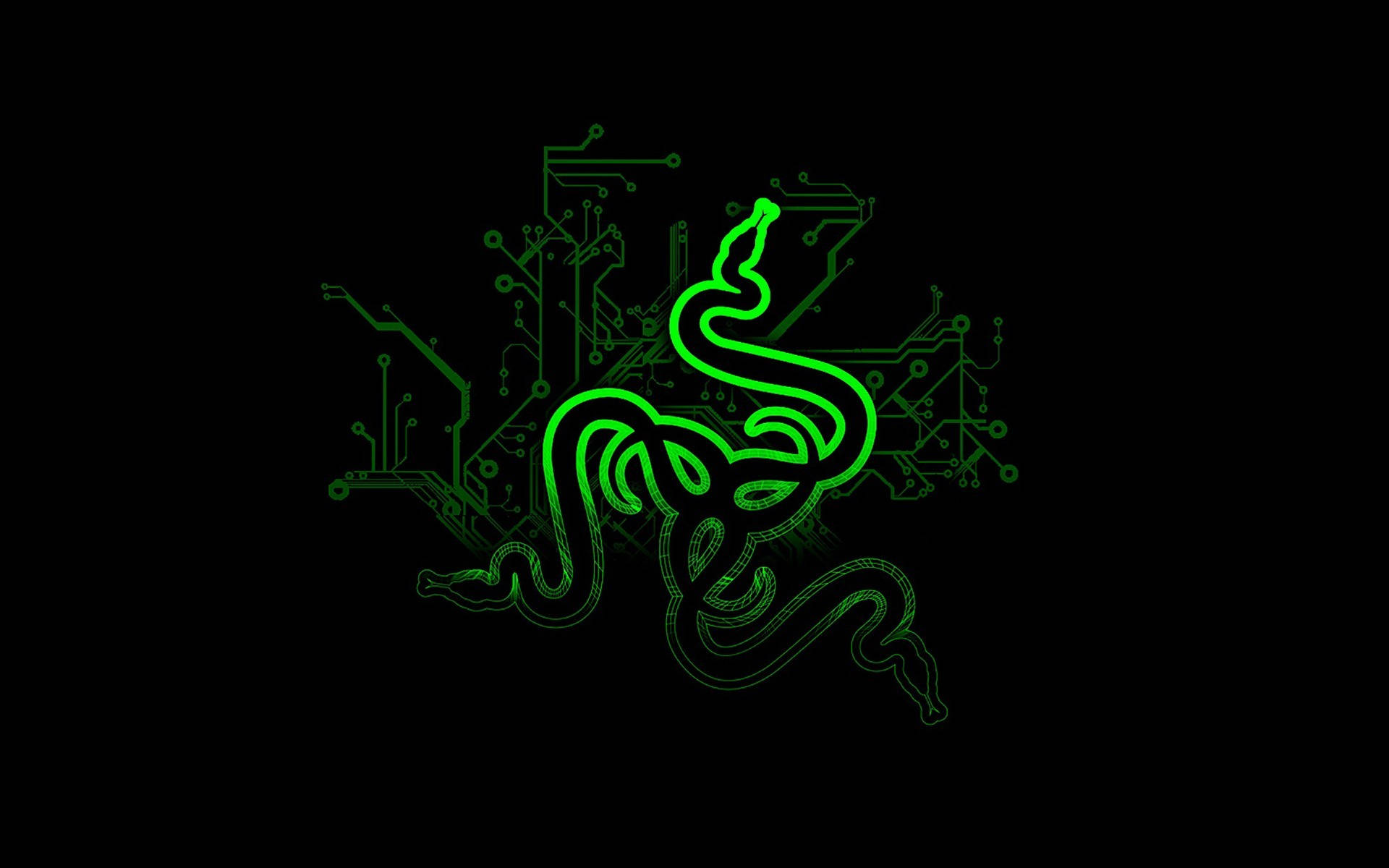 霓虹綠Razer PC標誌藝術 壁紙 — 發光綠色Razer標誌蛇纏繞在黑色背景上的電路板圖案。